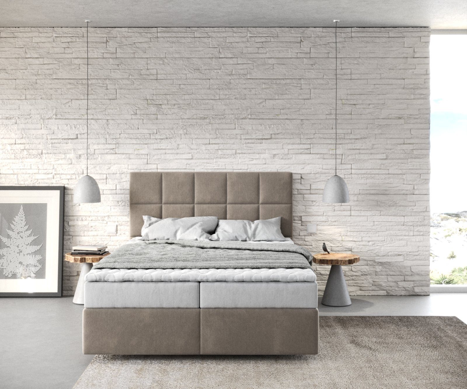 DELIFE Boxspringbett Dream-Fine, Mikrofaser Beige 140x200 cm mit Matratze und Topper