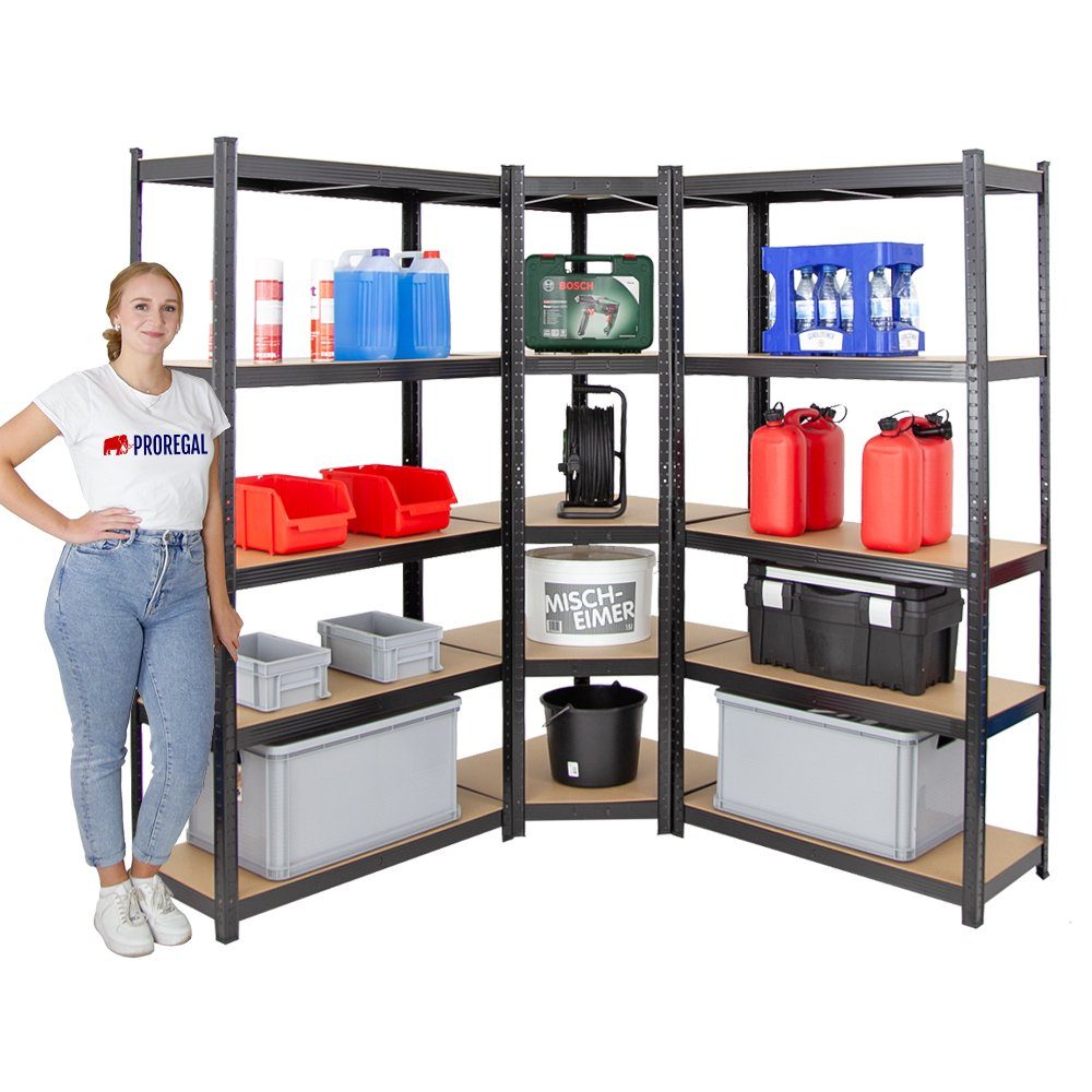 PROREGAL® Eckregal MegaDeal 1x Eckregal + 2x Schwerlastregal Ragnar, Verschiedene Farben, Spar-Set, Mega Deal, 3er-Set, Traglast von 175 kg pro Ebene bzw. Gesamttraglast von 875kg je Regal