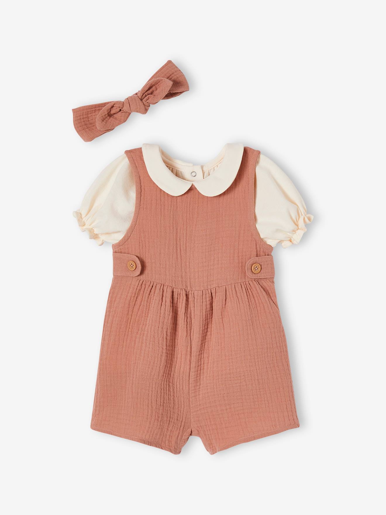 Vertbaudet Mädchen Baby-Set: T-Shirt, Kurzoverall & Haarband, personalisierbar - altrosa