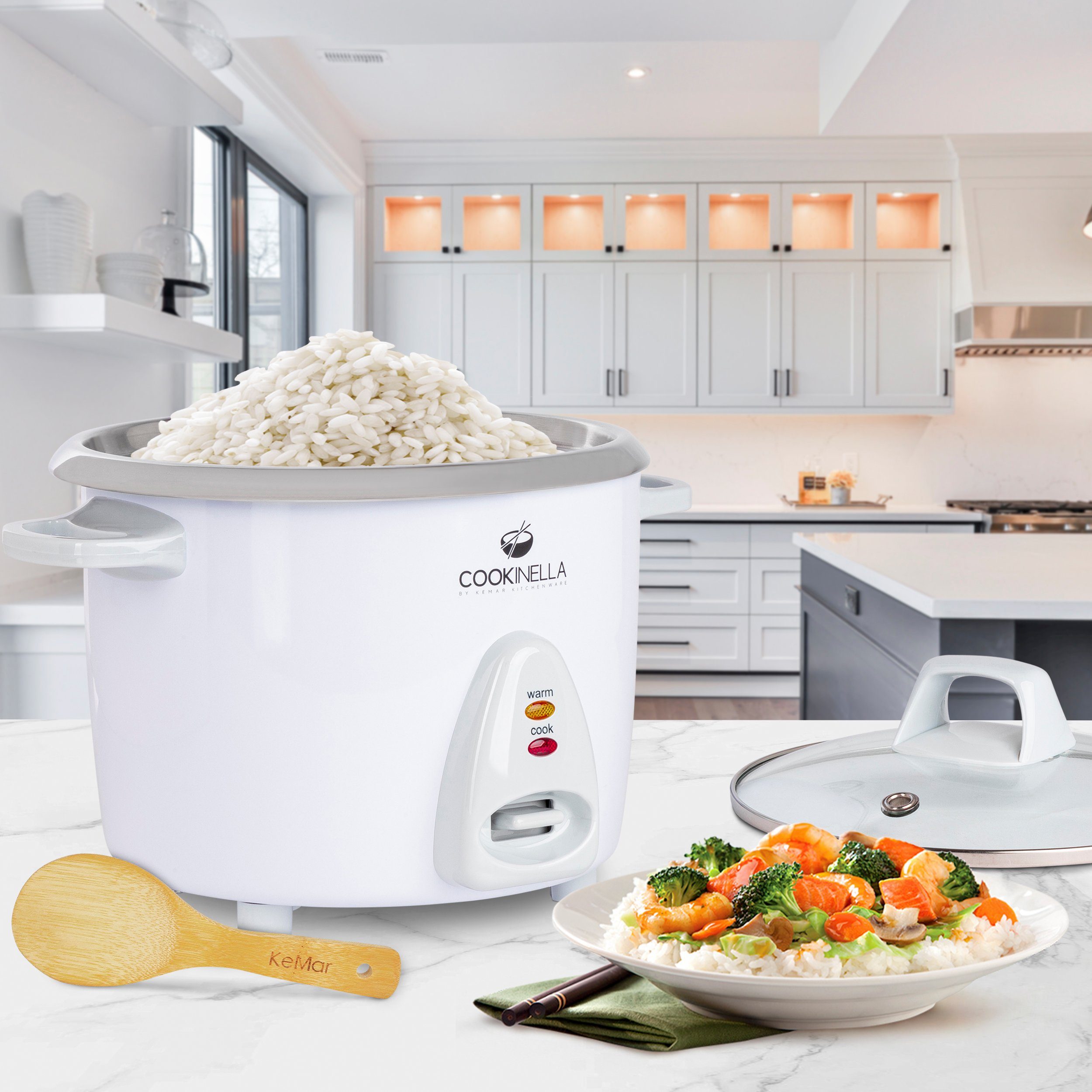 KeMar Kitchenware Reiskocher KRC-300 Cookinella, 700 W, Innentopf aus Edelstahl, Glasdeckel, Bambuslöffel