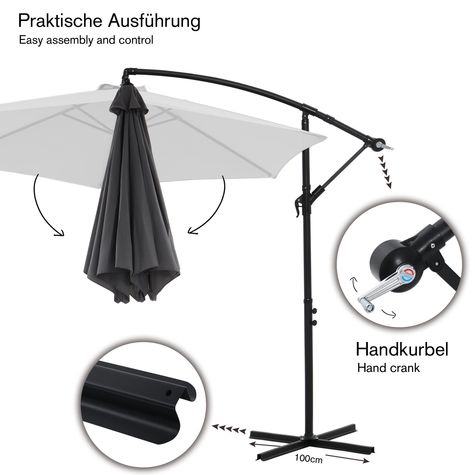 Mucola Sonnenschirm Sonnenschirm Kurbelschirm Ø 350 Ampelschirm LED Gartenschirm Balkon, Stück, Premium-Sonnenschirm, LED-Beleuchtung