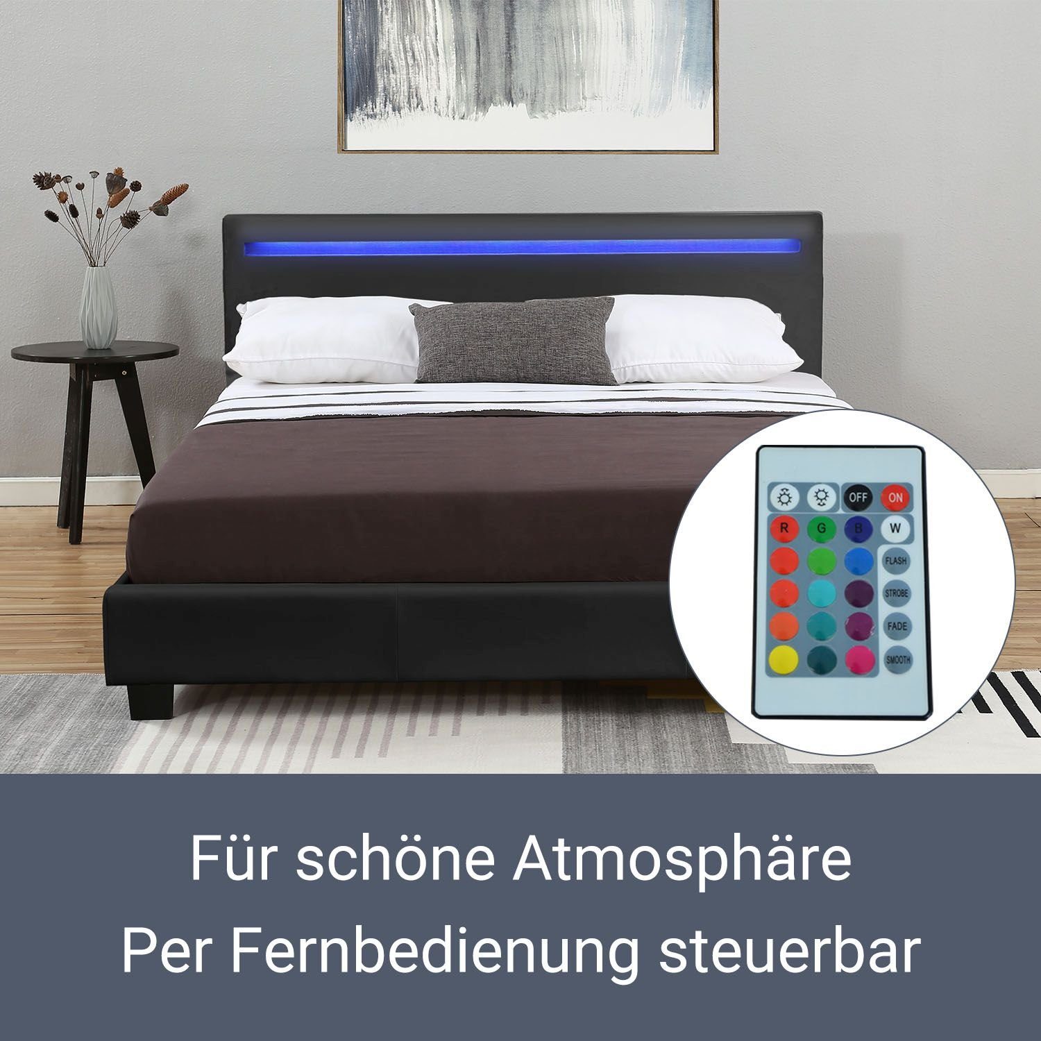 Juskys Polsterbett Verona, 120x200 cm, LED-Licht, weiches Kopfteil, inkl. Kaltschaummatratze