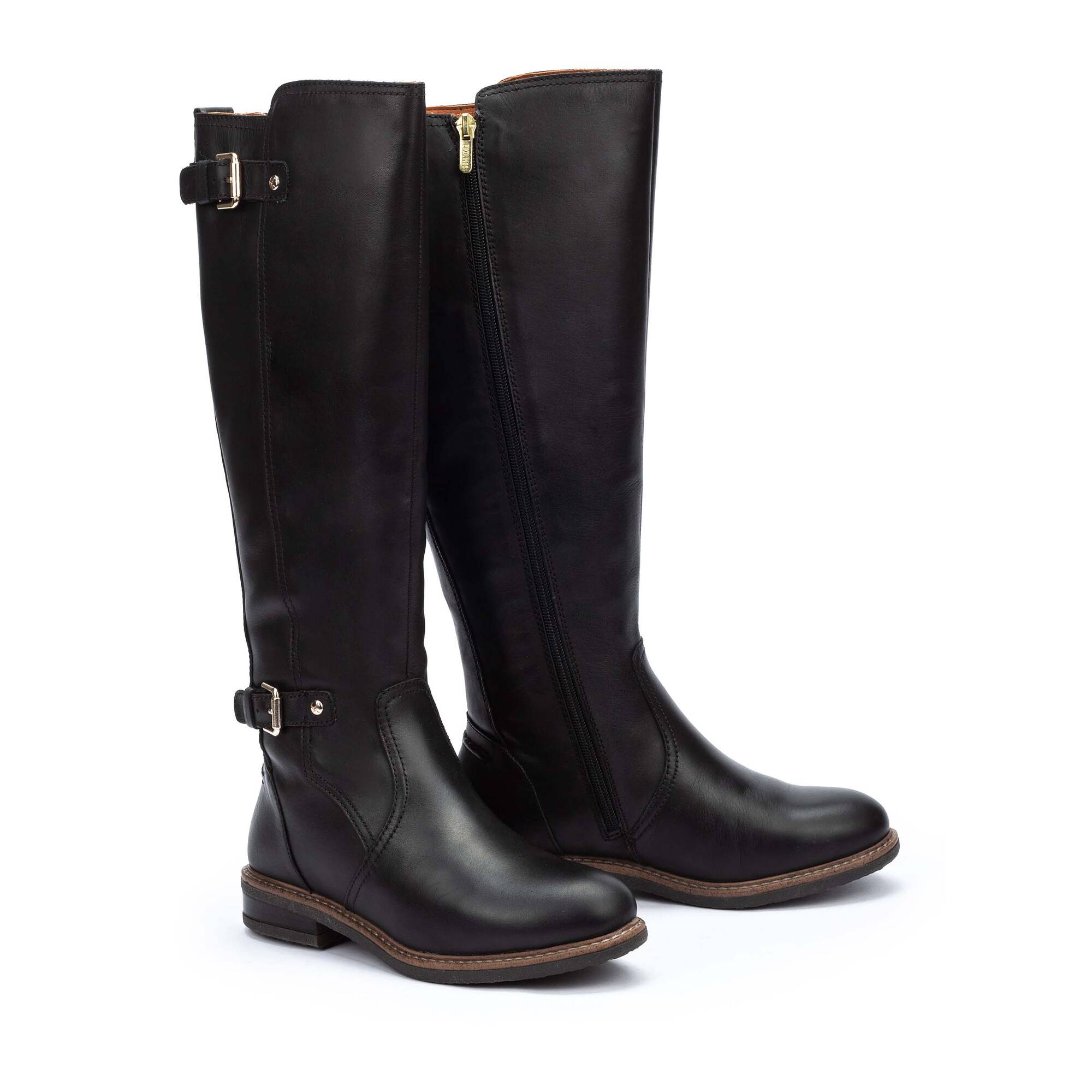 Skórzane buty z wysoką cholewką i podwójną klamrą - CZARNE