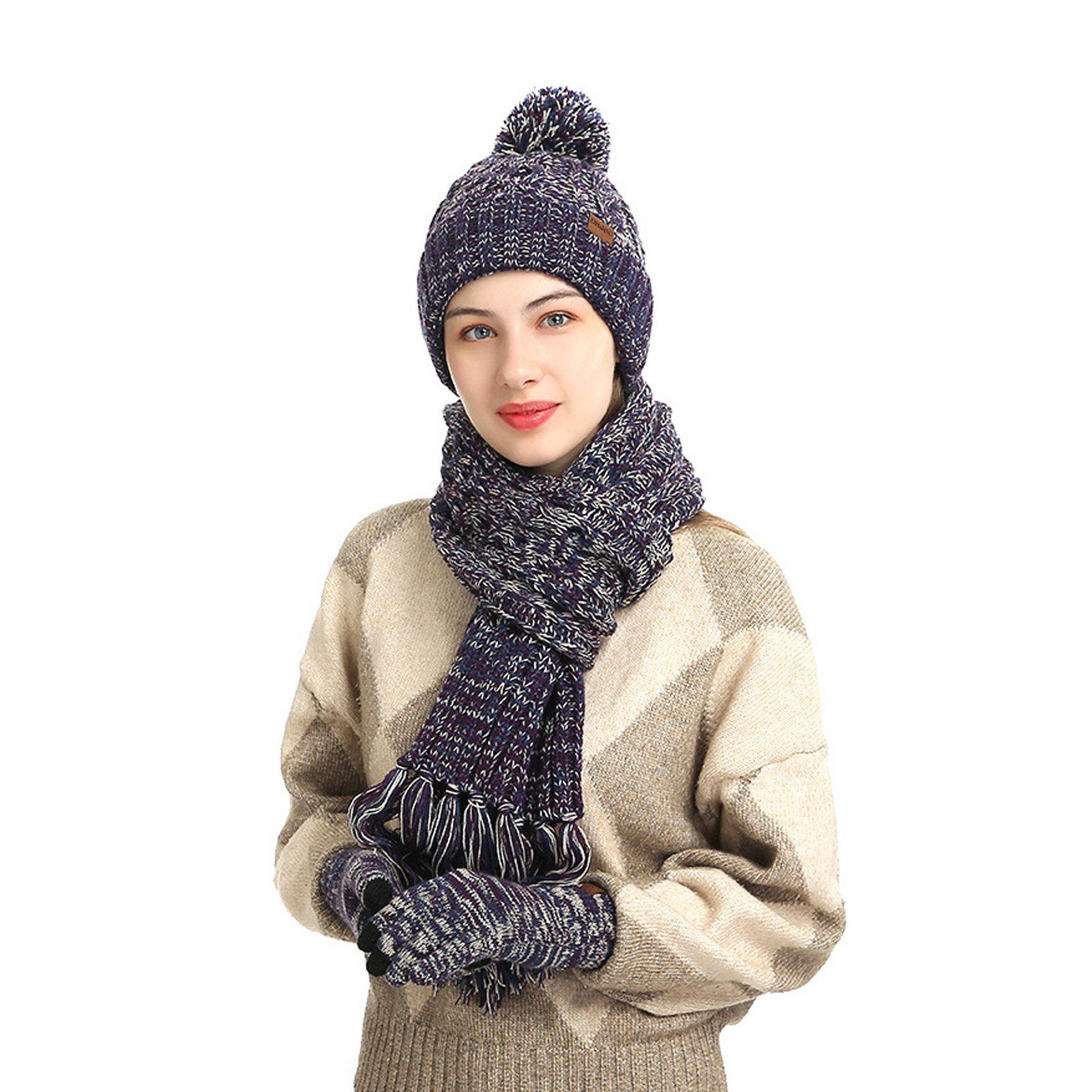 Rutaqian Schlupfmütze Wintermütze Schal Touchscreen Handschuhe Set (Ski 3-in-1 Winter-Set, Fleecefutter Warme Knit Hut Loop Schal Rutschfeste Handschuhe) Unisex Beanie Strickmütze Winterschal Thermo Handschuhe