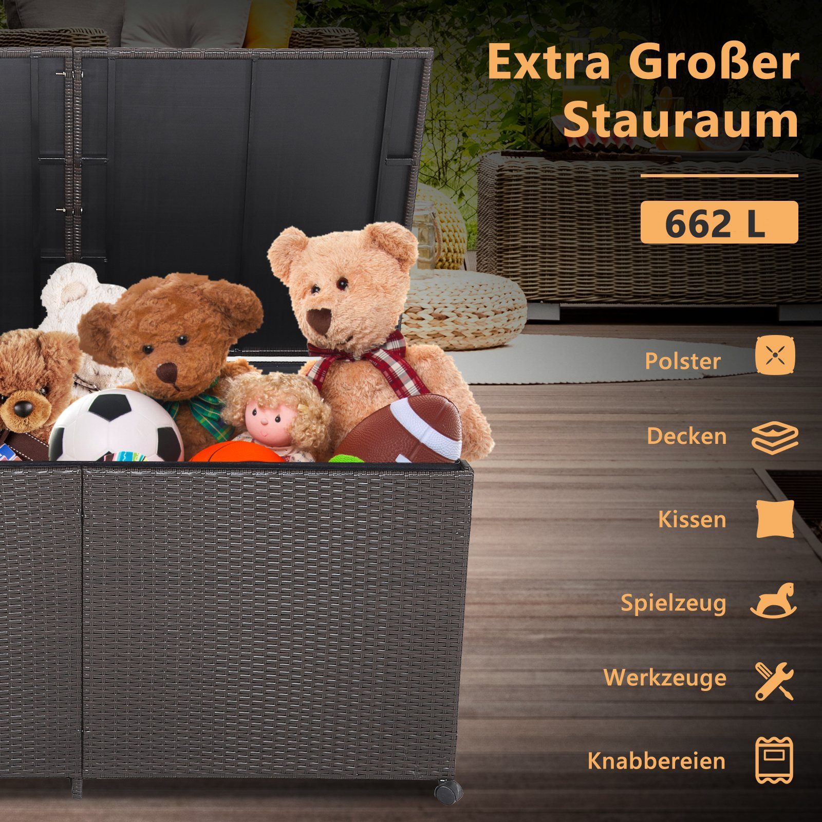 COSTWAY Auflagenbox 662L, wasserdicht, Rattan, mit Rollen, groß, 150x77x73cm