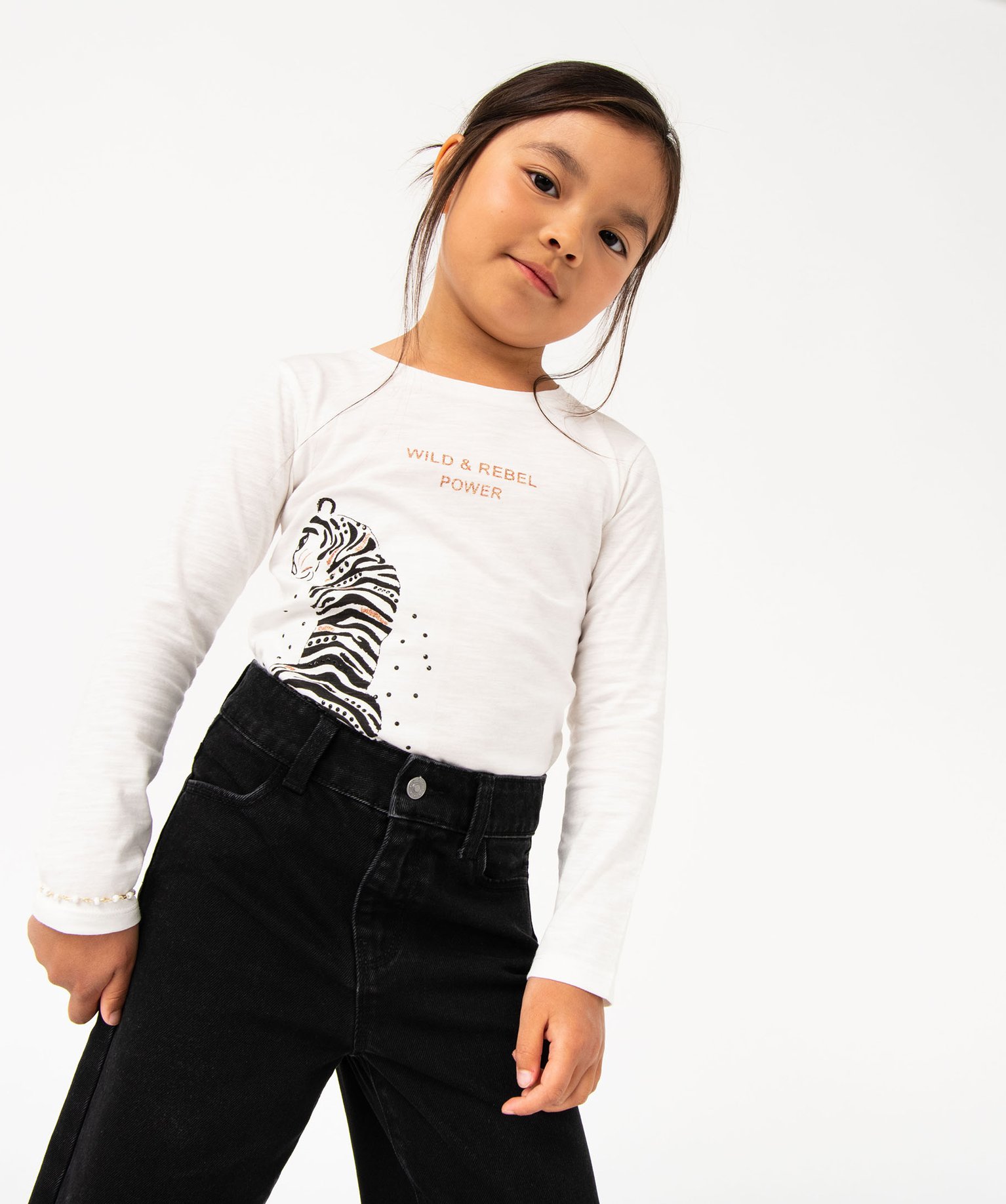 Tee-shirt manches longues imprimé pailleté fille ecru | GEMO