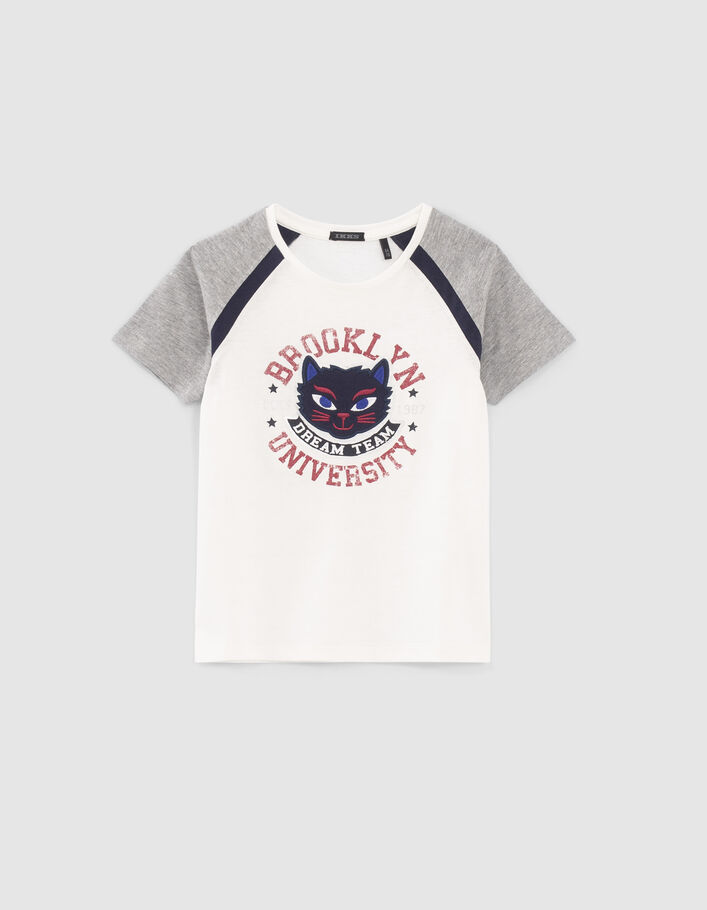 T-shirt blanc cassé coton bio visuel chat brodé fille
