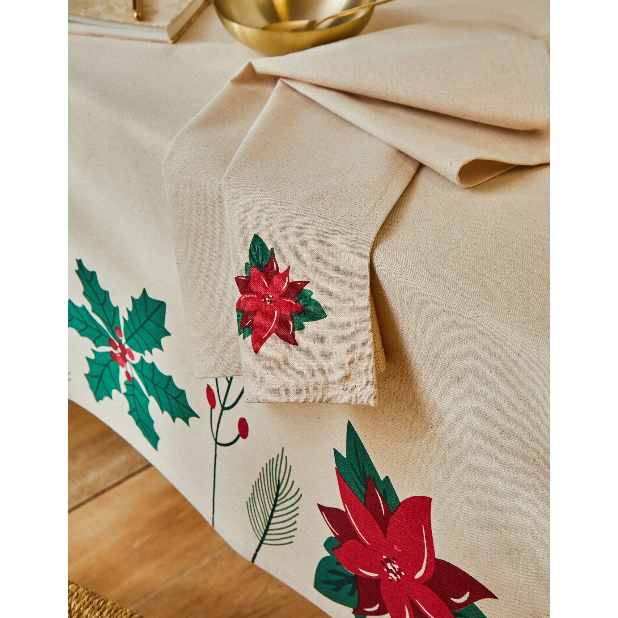 Nappe imprimée houx et poinsettia
