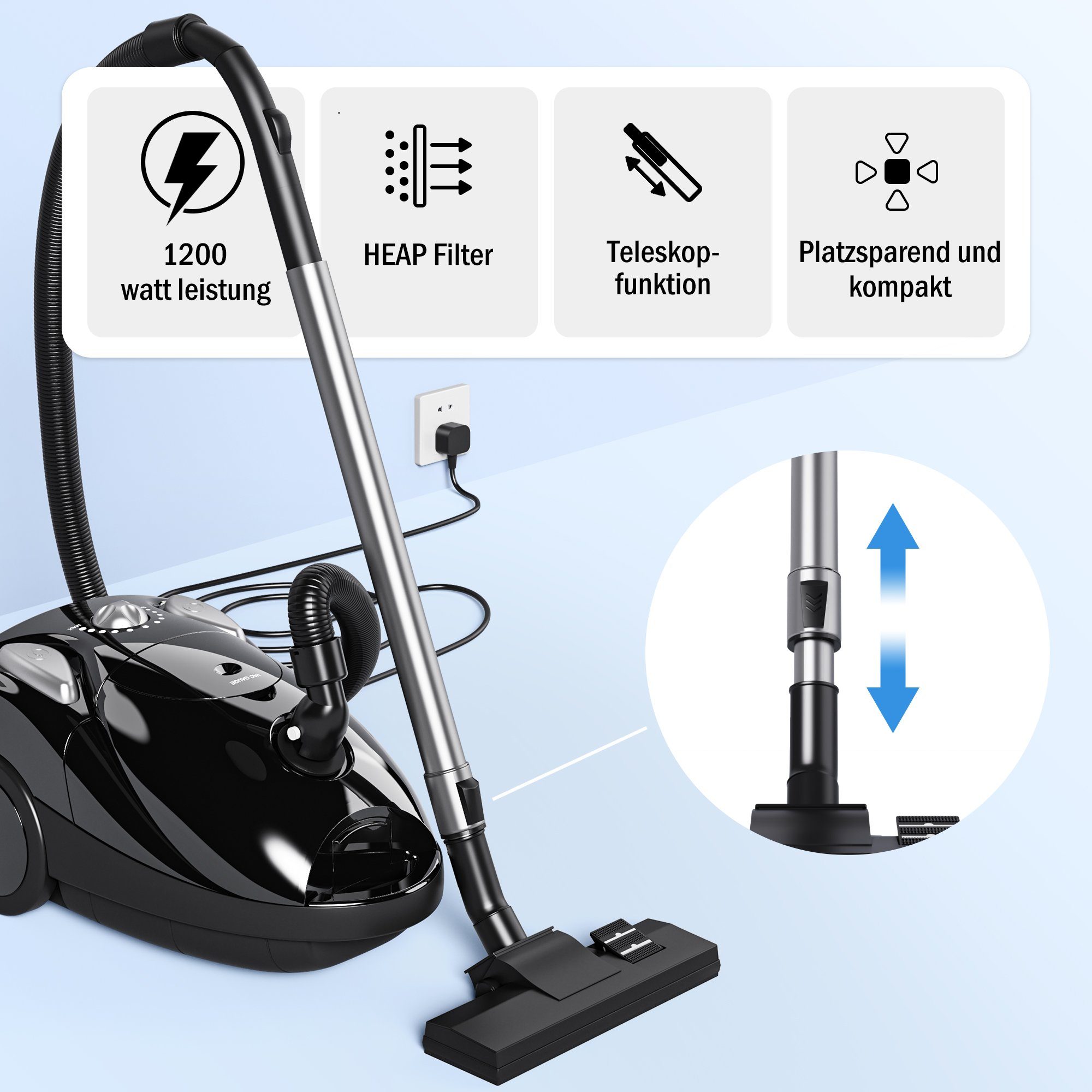 Mutoy Bodenstaubsauger Bodenstaubsauger, Staubsauger,Power Efficiency Motor, 1200,00 W, mit Beutel, Einstellung der Saugleistung,Automatischer Kabeleinzug,für Hartboden