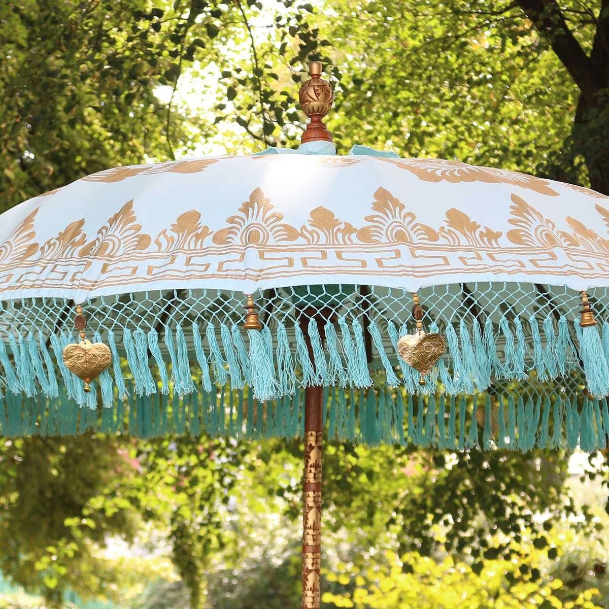 Oriental Galerie Sonnenschirm Türkiser Bali Garten-Sonnenschirm,185 cm Gold Fransen Emilia, Handarbeit