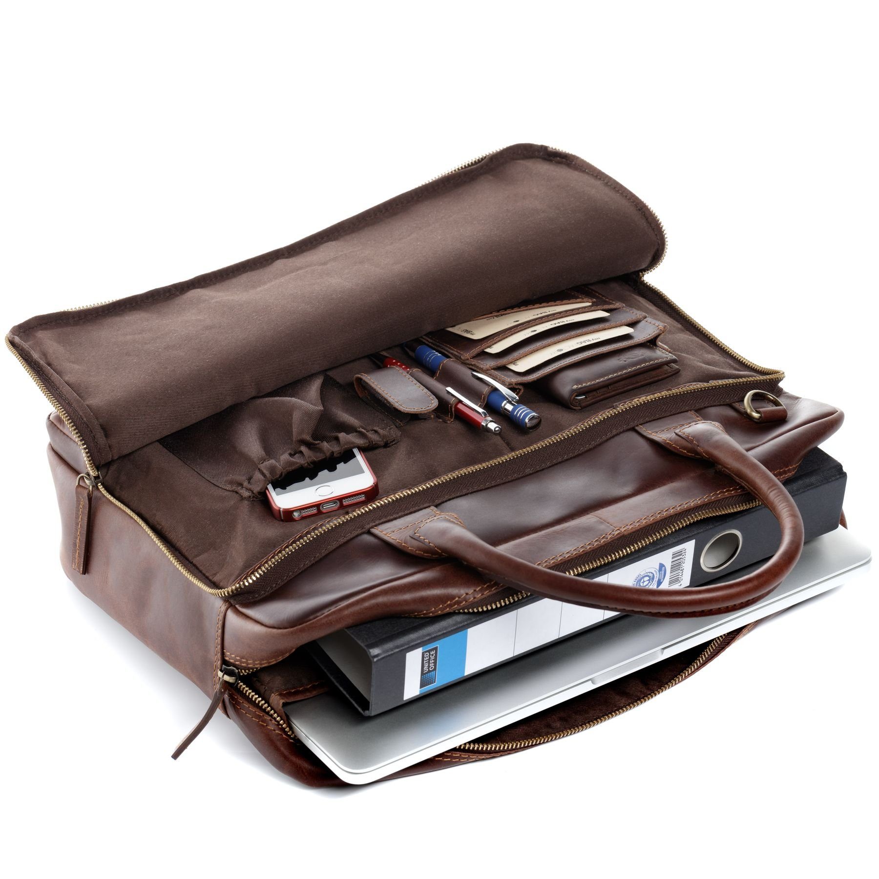 SID & VAIN Laptoptasche Leder Businesstasche Unisex RYAN, Laptoptasche 15,4 Zoll, Aktentasche Echtleder Damen Herren braun