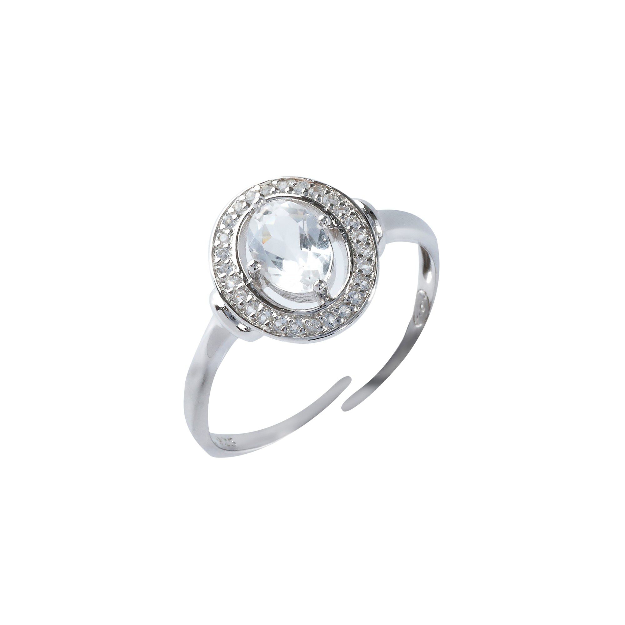 Bague réglable argent cristaux et pierre ronde en Cristal de Roche