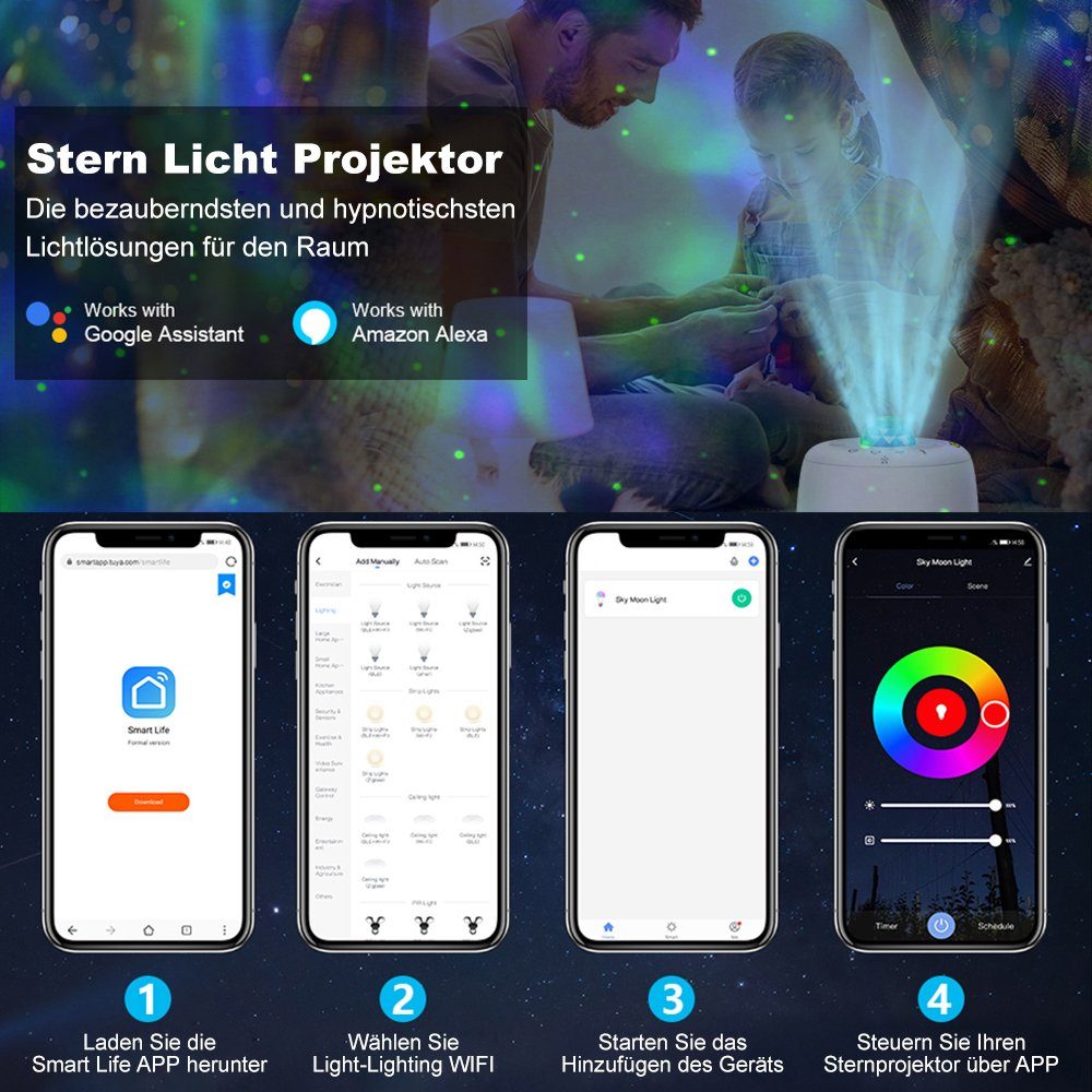 Rosnek LED Nachtlicht Sternenhimmel Projektor, Smart Wifi, Lautsprecher, APP, Starry Mond Stern, Mit Ozeanwelleneffekt
