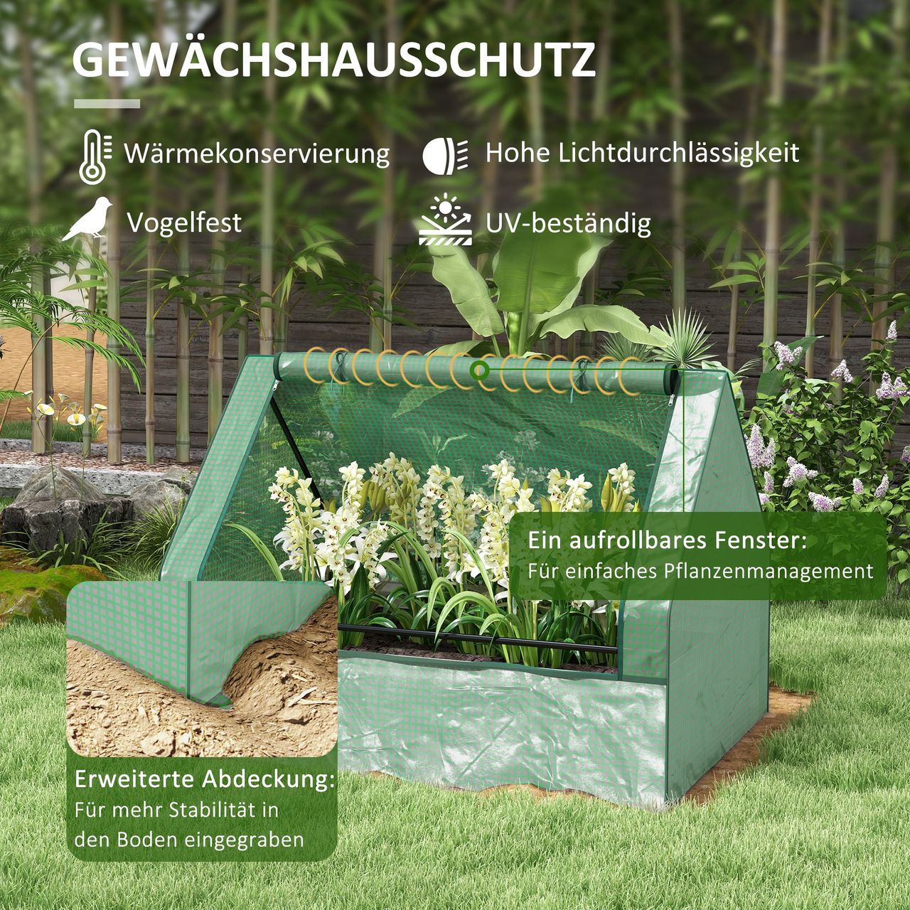 Outsunny Foliengewächshaus Frühbeet Gewächshaus mit Rollfenster Stahl Grün