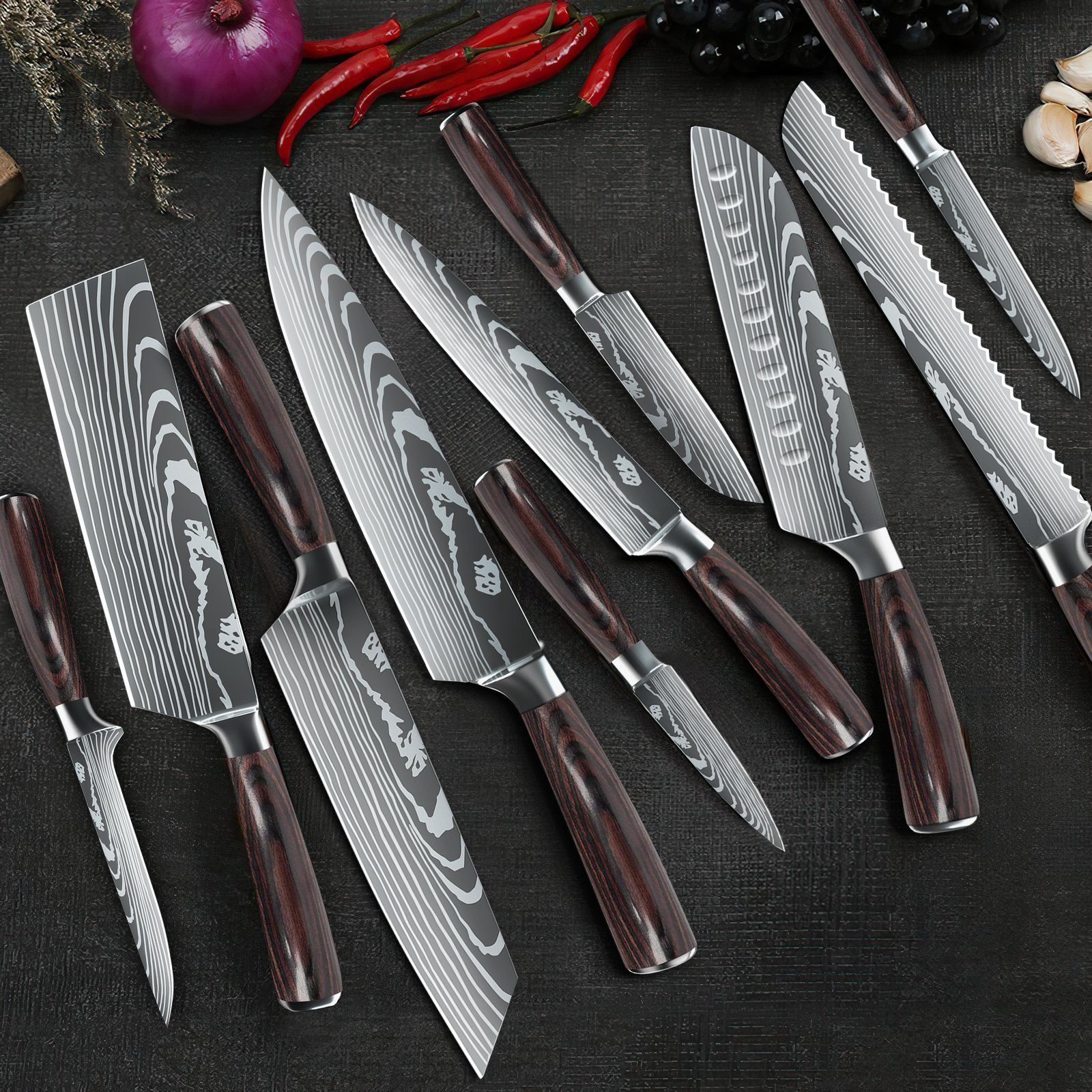 MDHAND Messer-Set Professionelles Küchenmesser Asiatisches Messerset (10-tlg), 7CR17 Edelstahl Küchenmesser Set