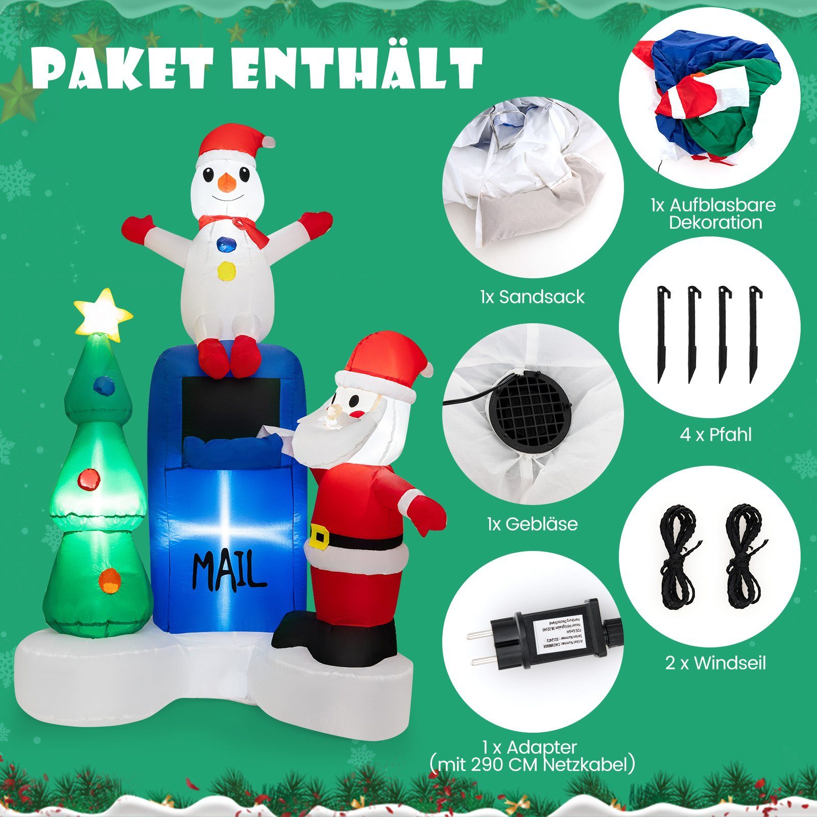 COSTWAY Weihnachtsmann, mit integrierten LED-Lichtern, aufblasbar, 185 cm