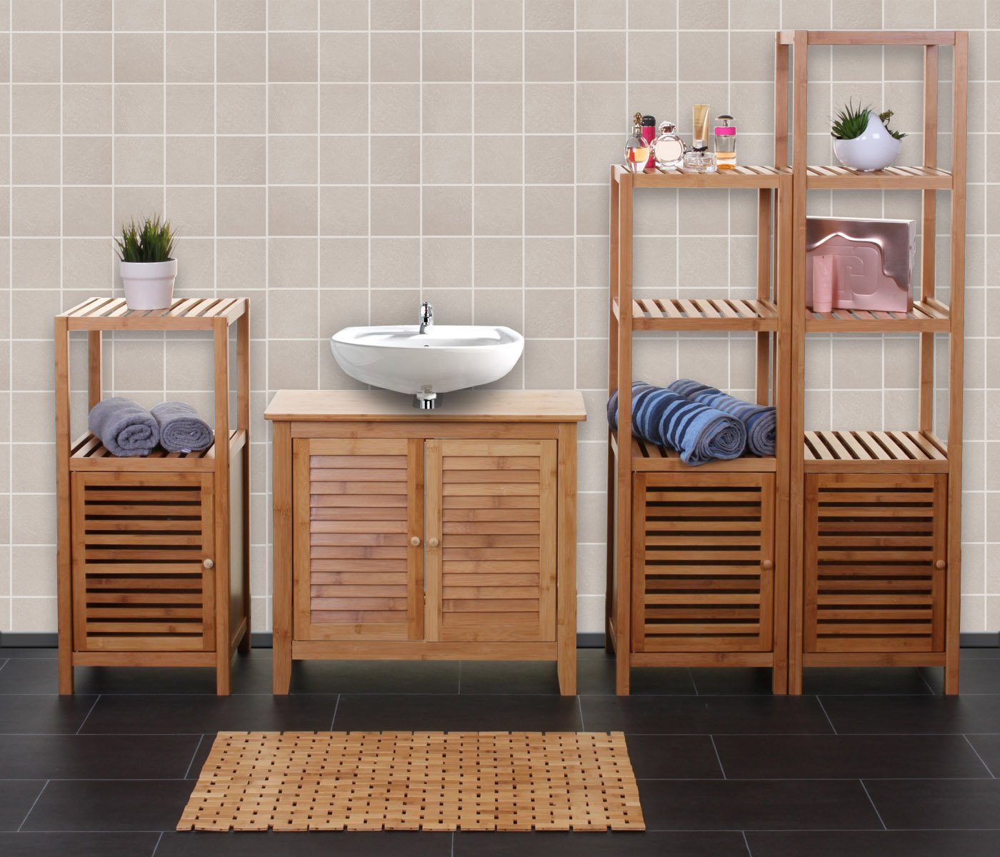 MCW Badmöbel-Set MCW-B18-5, (Set, 5-St., 5er), rutschfeste Badematte, magnetischer Türverschluss