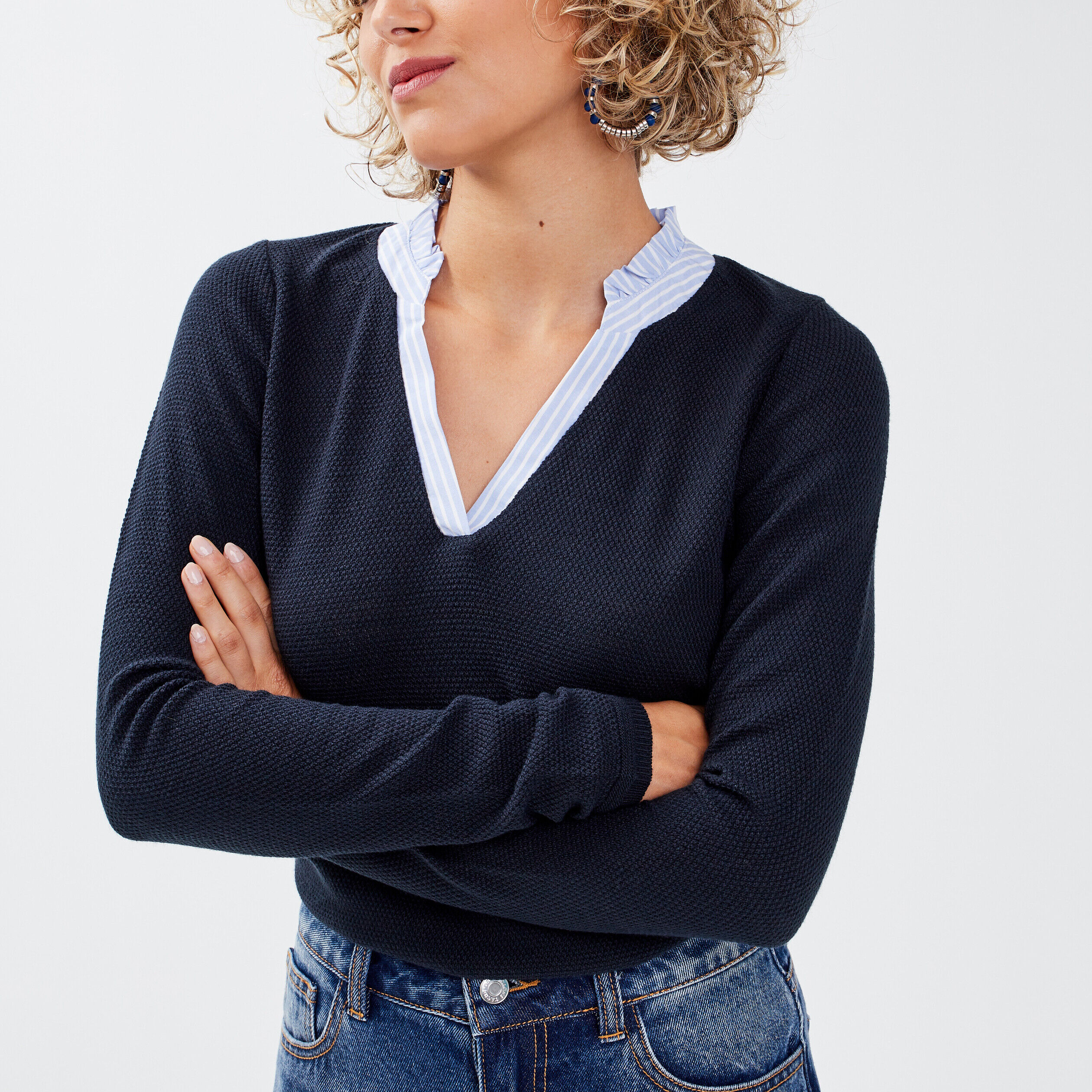 Pull avec col en V bleu marine femme | Cache Cache