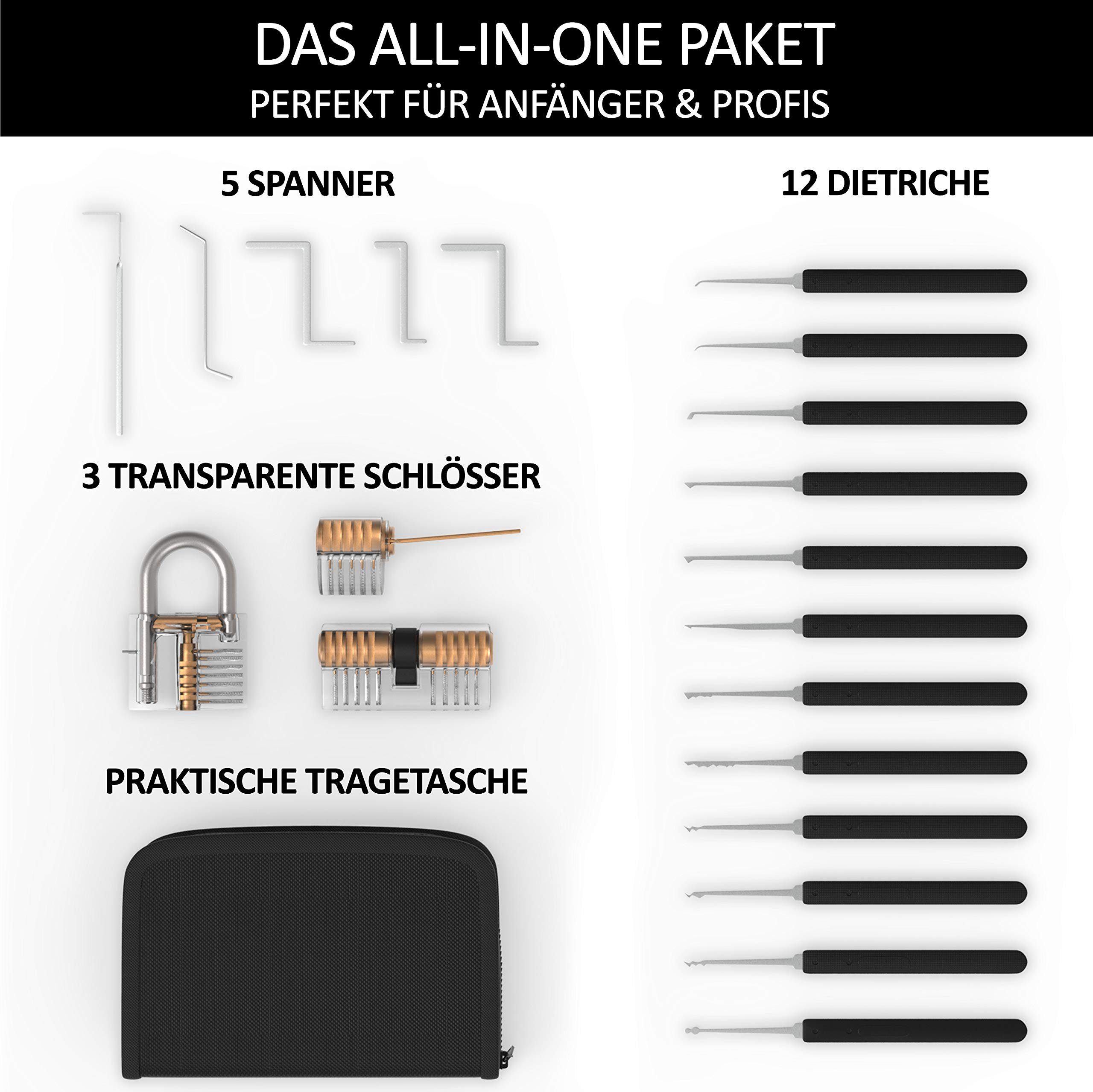 Meistergut Vorhängeschloss Lockpicking Set XXL Profi 24-teilig, 3 Schlösser & Anleitung, (22-tlg., 30 Teiliges Set), Schlüssel entsperren