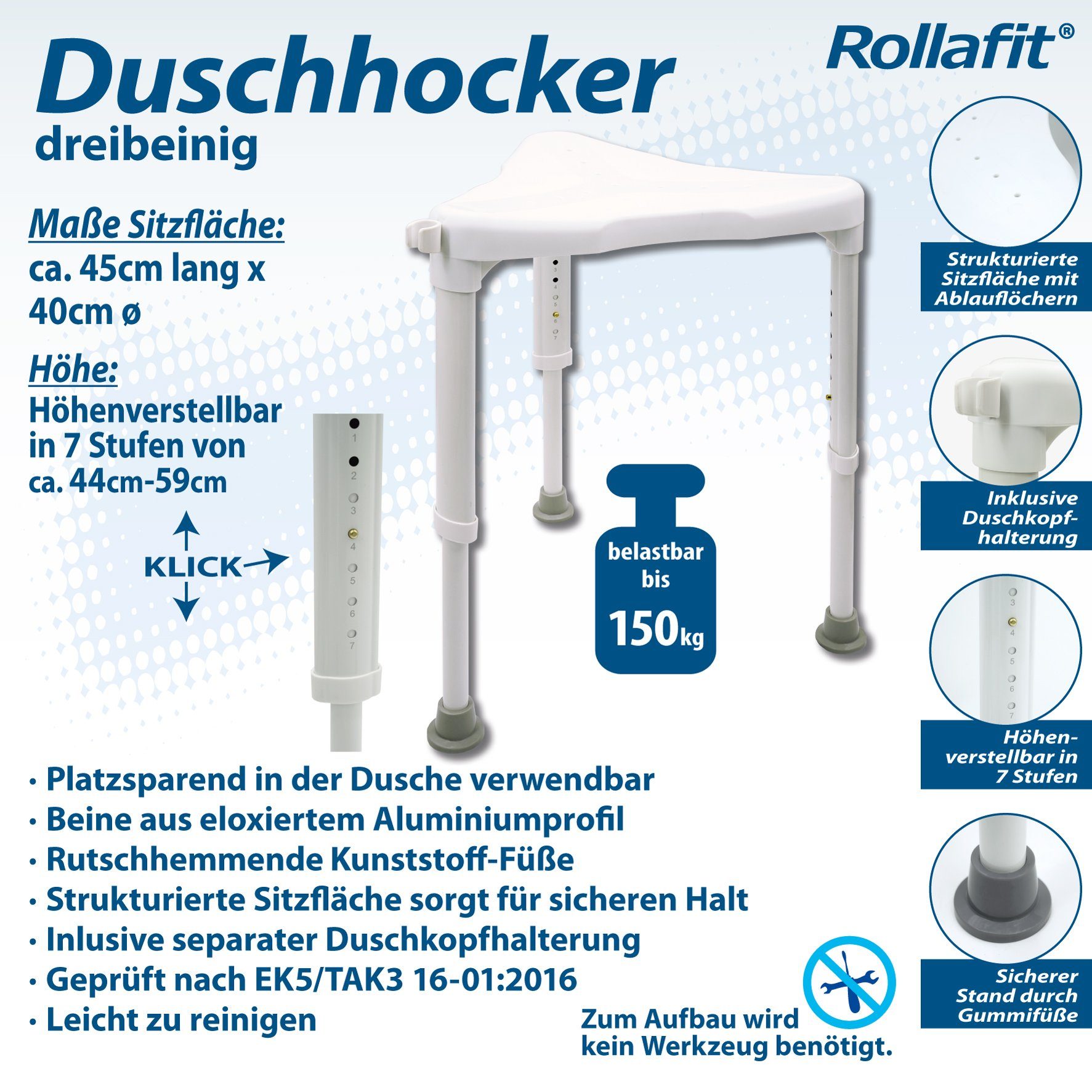 Rollafit Dusch- und Badhocker Duschhocker dreibeinig, belastbar bis 150 kg, Geprüft nach EK5/TAK3 16-01:2016