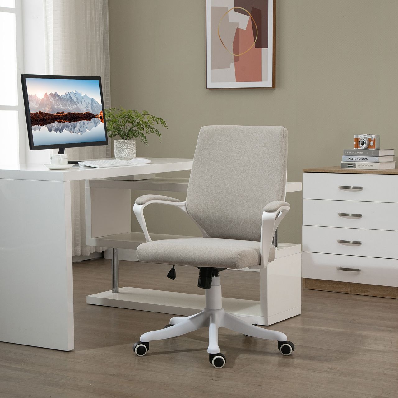 Vinsetto Bürostuhl Schreibtischstuhl Home-Office-Stuhl Beige Weiß 62x69x92-102 cm