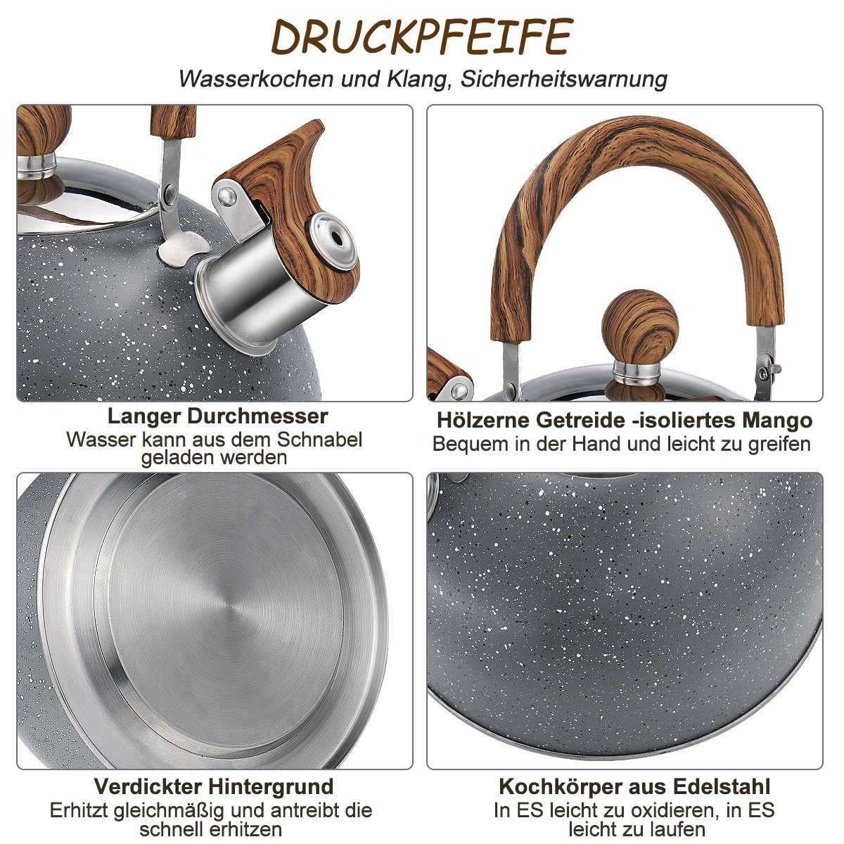 Novzep Wasserkessel Teekessel Induktion 2.5L,Edelstahl Pfeifkessel Tea Kettle mit Griff, Edelstahl, für GlasKeramikherd, Gas für Alle Herdarten Elektroherd
