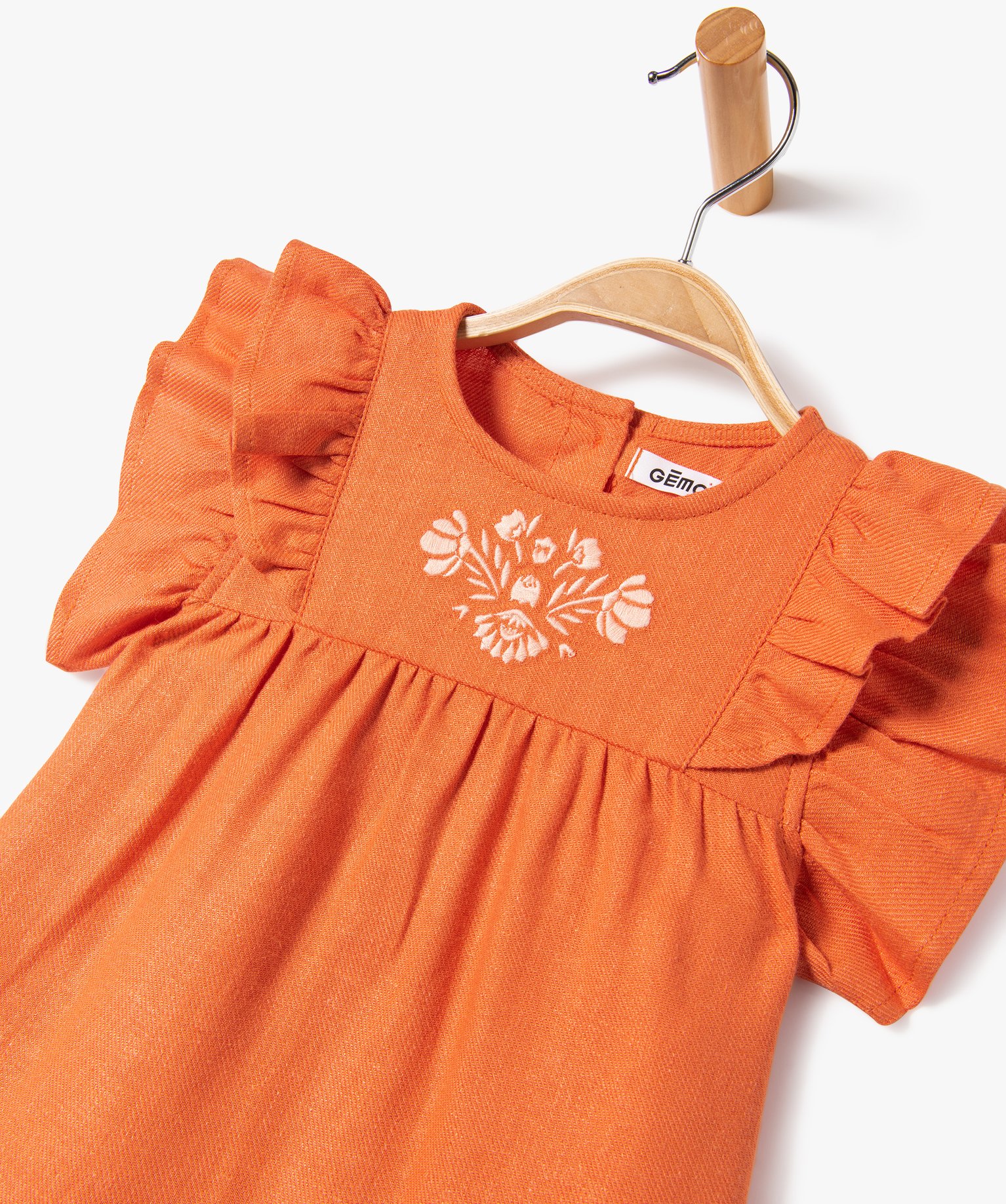 Blouse bébé fille à manches courtes volantées et broderie orange | GEMO