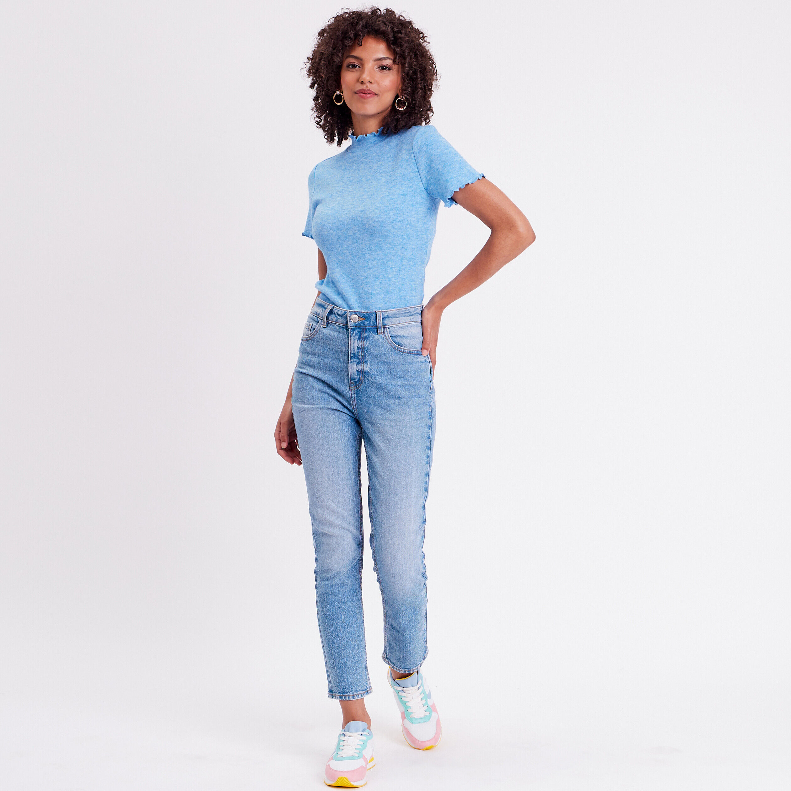 T-shirt col montant bord vague bleu roi femme | Cache Cache