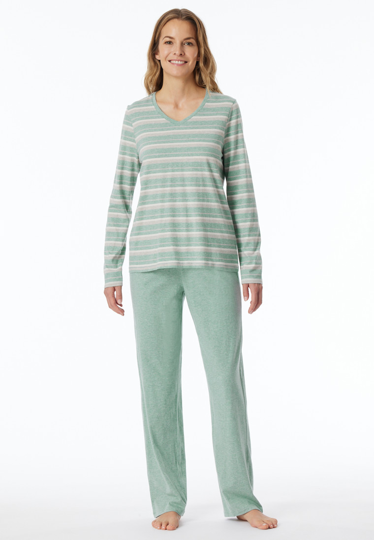 Schlafanzug lang grün meliert - Casual Essentials