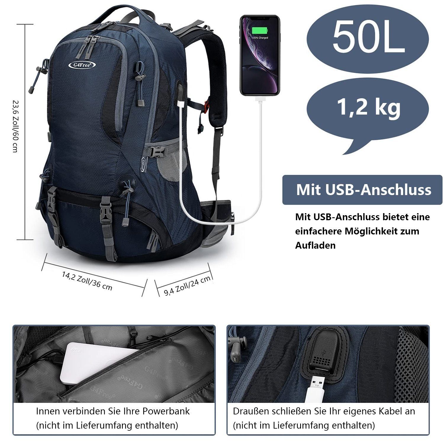 G4Free Trekkingrucksack, 50L Wanderrucksack, Wasserdicht Tagesrucksack