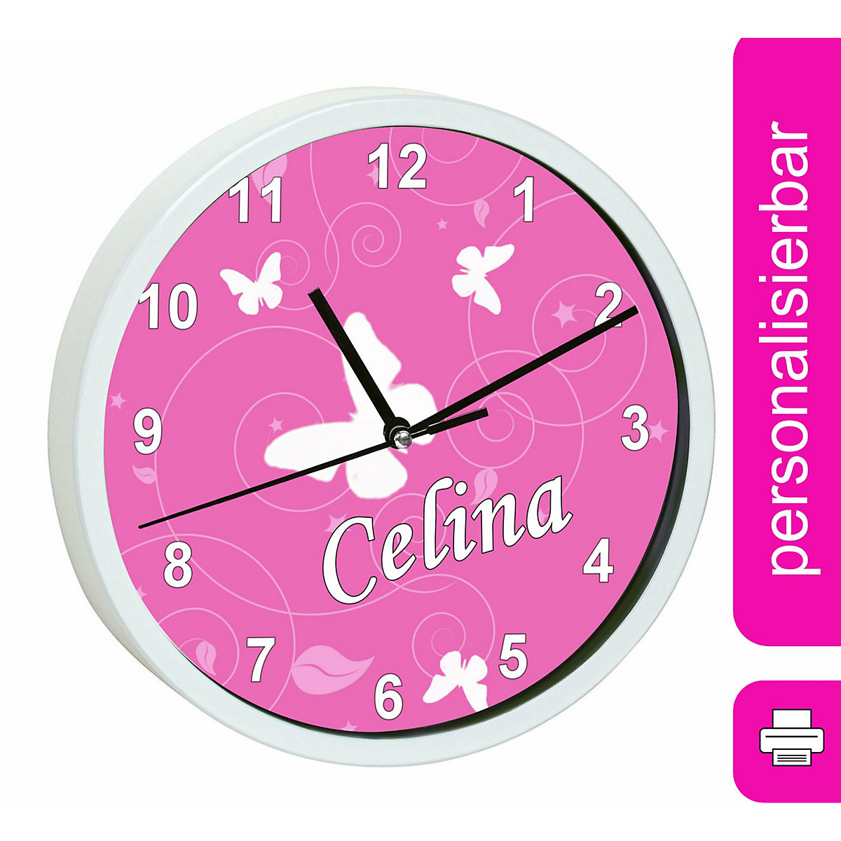 Kinder Wanduhr laufruhig personalisiert mit Name Schmetterling Rosa