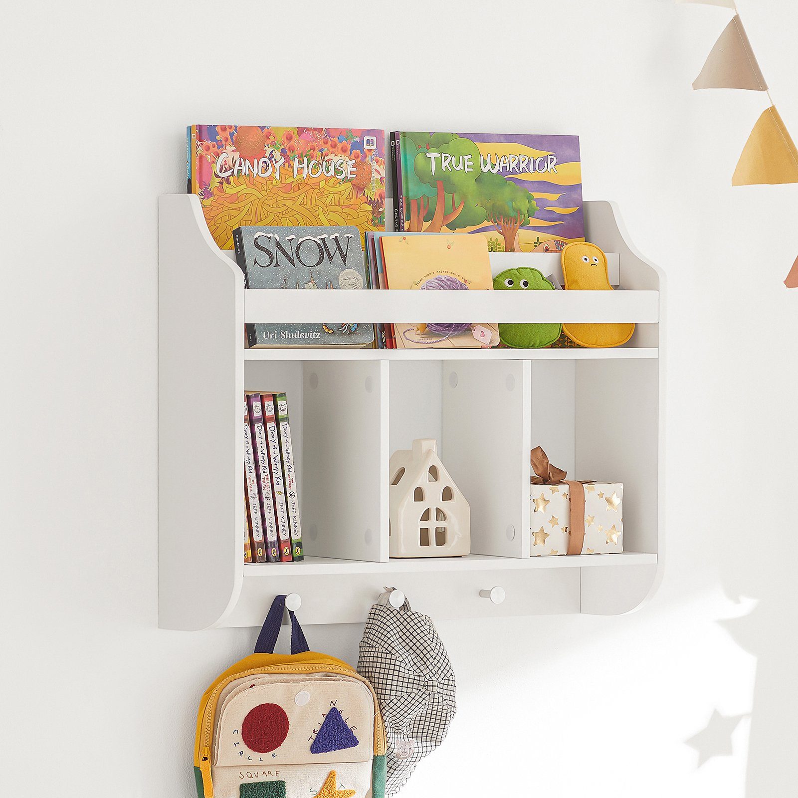 SoBuy Bücherregal KMB46, Kinderregal Wandregal Hängeregal Wandgarderobe mit 3 Haken