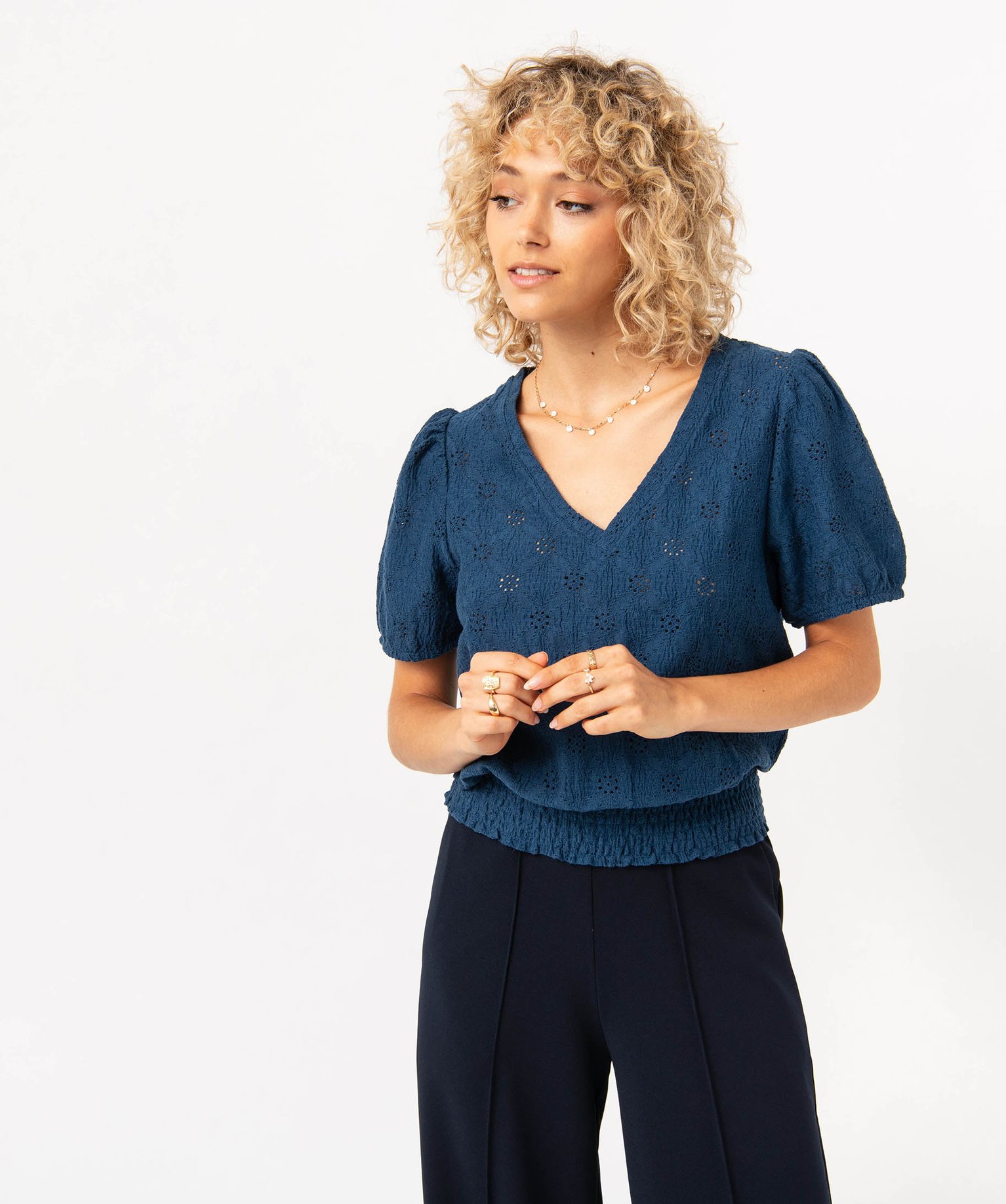 Tee-shirt à manches courtes en maille ajourée femme marine | GEMO