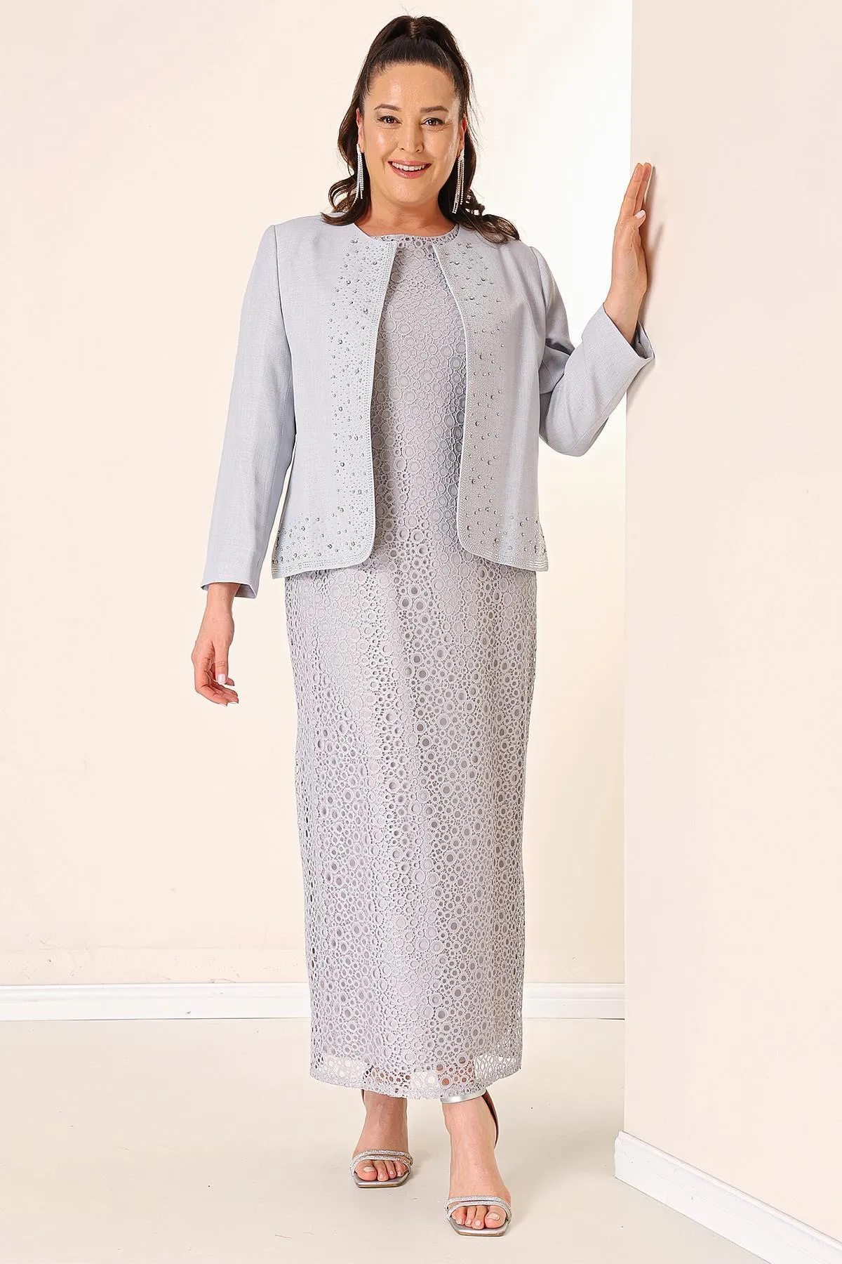 By Saygı  Ärmelloses Gülpür-Kleid, steinfarbene, detaillierte Kreppjacke, gefüttert, große Größe, 2-teiliges Set