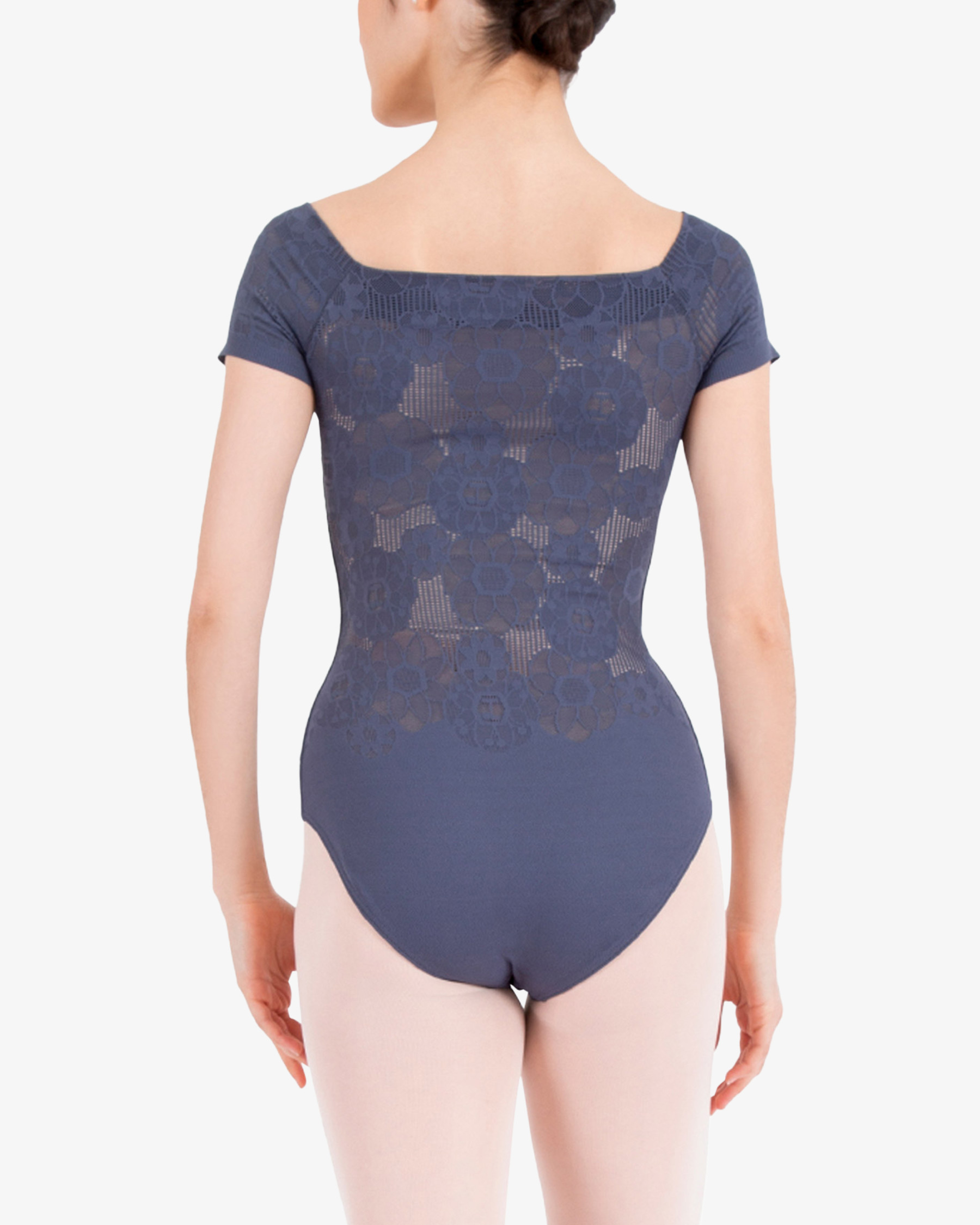 Short sleeves rosette lace leotard