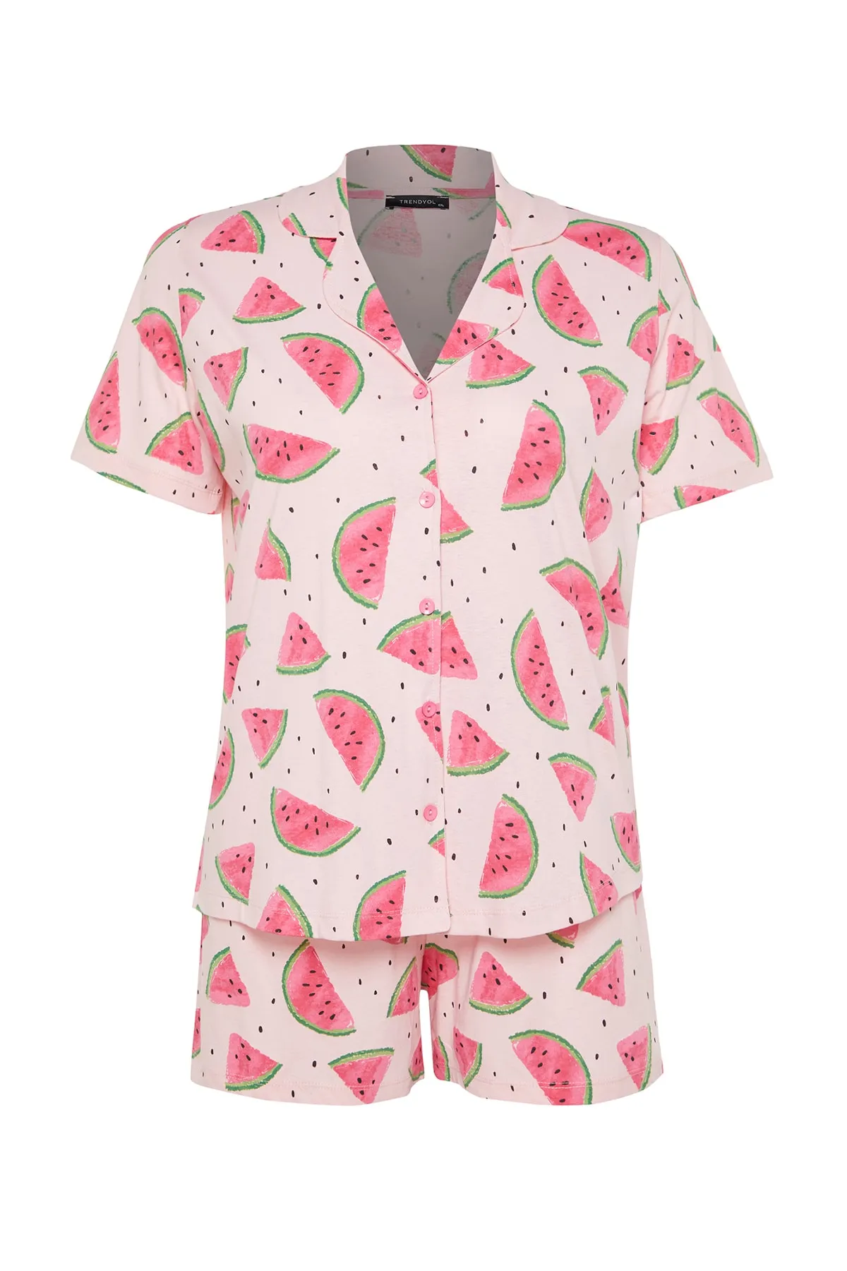 Trendyol Curve  Puderfarbenes bedrucktes Pyjama-Set aus Strick mit Knöpfen TBBSS22PT0707