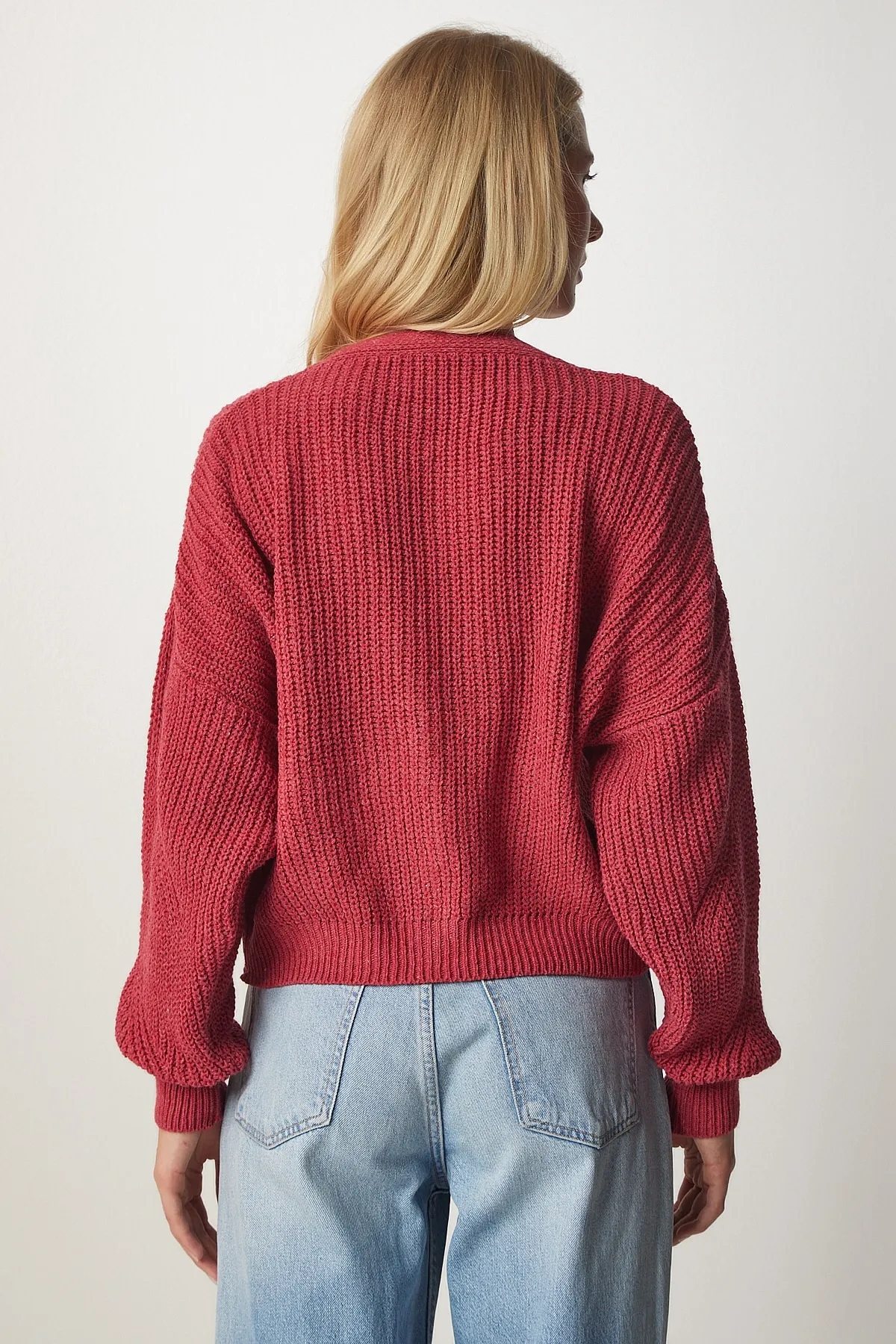 Happiness İstanbul  Dunkelrosa Orlon-Cardigan mit V-Ausschnitt und Knopfleiste für Damen MC00210