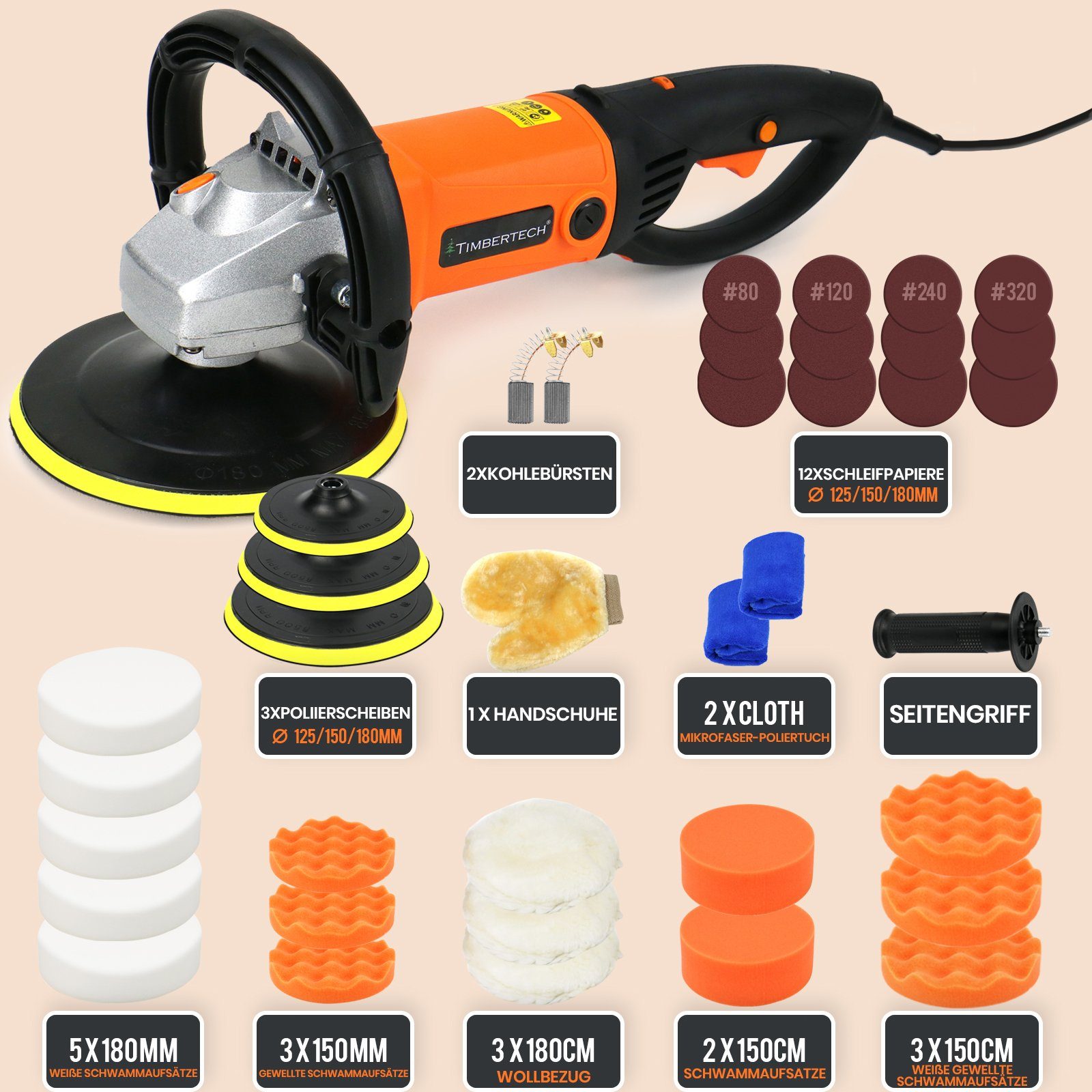 TIMBERTECH Poliermaschine Poliermaschine 1400W + 24 tlg Zubehörset - 125/150/180mm, 3000 U/min, (1 tlg)
