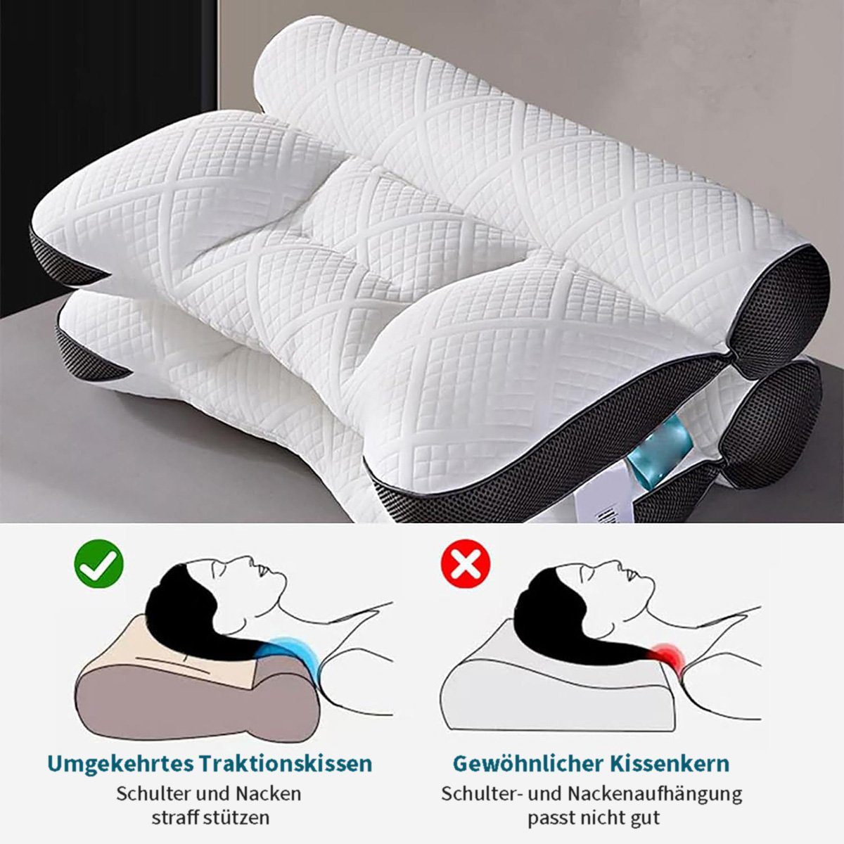 Nackenstützkissen Ergonomisches und gemütliches Gänsedaunen-Kissen, götäzer, Mit Gegen- und Nackenstütze für Seiten- und Rückenschläfer