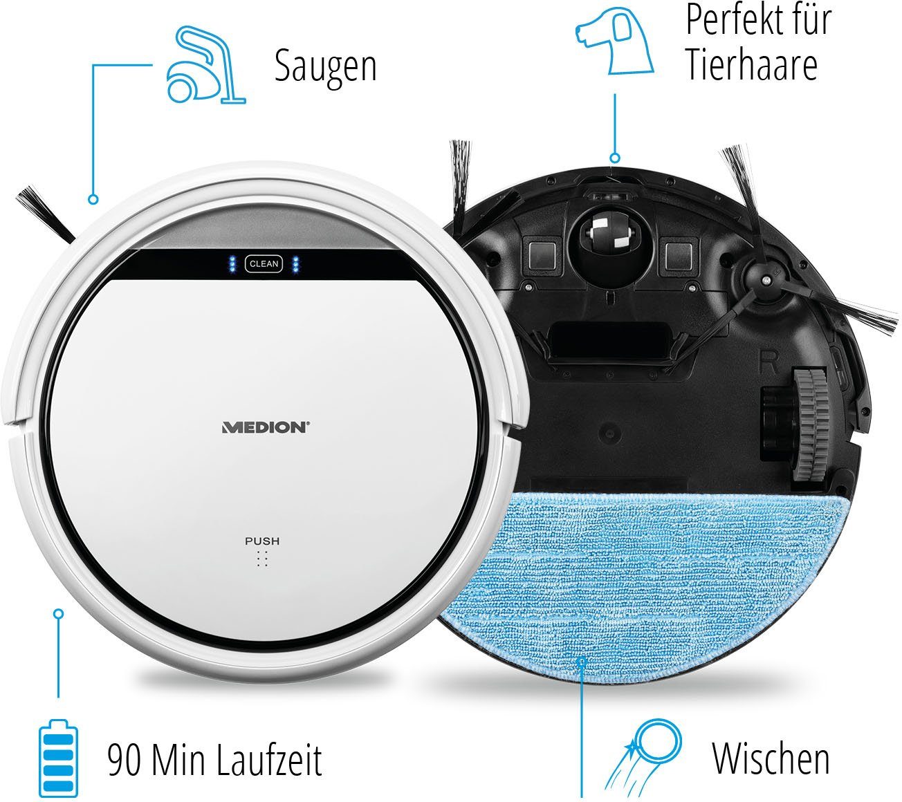 Medion® Saugroboter E30 SW MD 18501, mit optionaler Wischfunktion, Progammierfunktion, Tierhaaroptimiert
