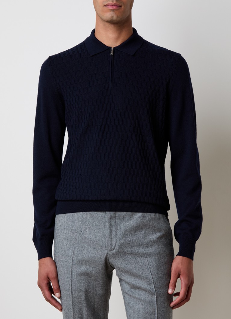 Corneliani Chunky knit virgin wool polo with texture and half zip