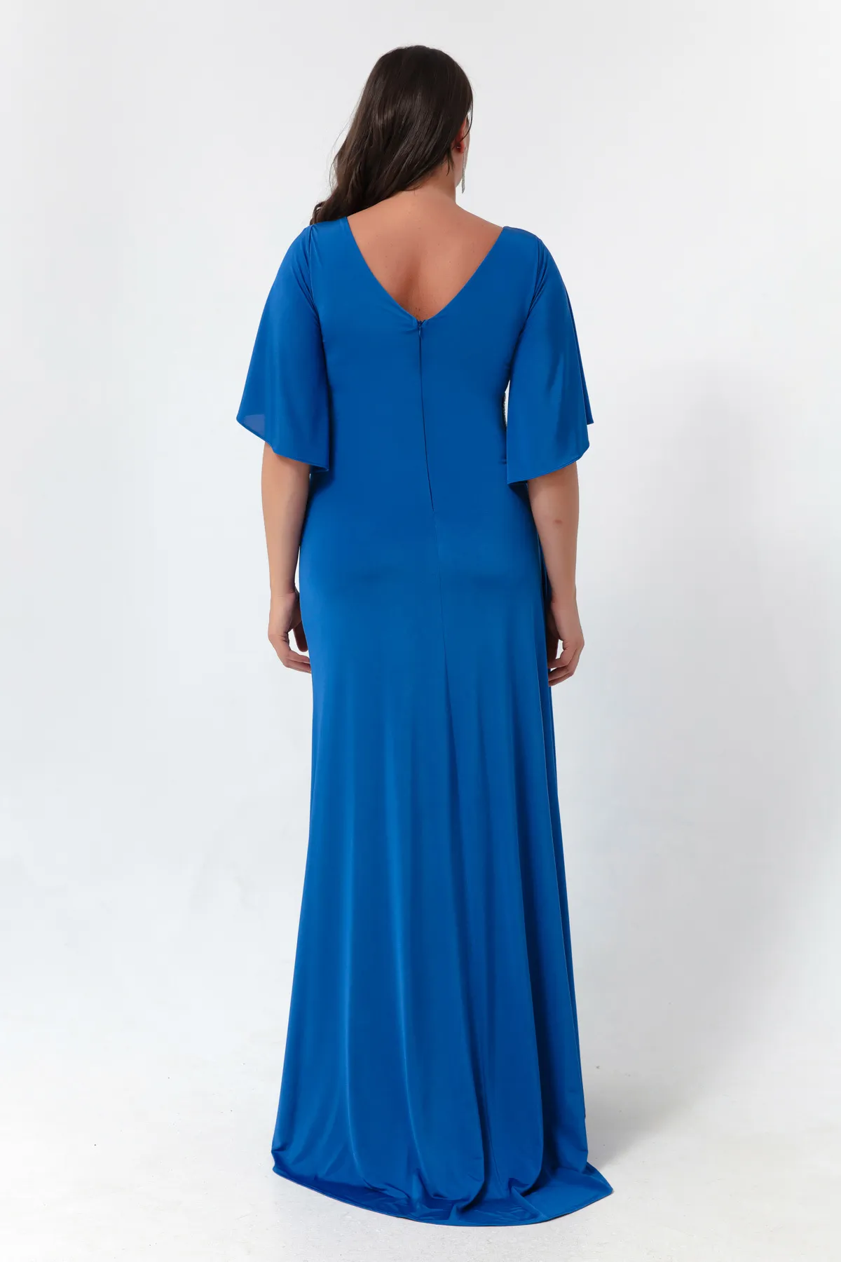 Lafaba  Blaues Abendkleid mit kurzen Ärmeln und Schlitz für Damen in Übergröße