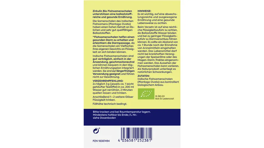 Zirkulin Flohsamenschalen Bio 200 g