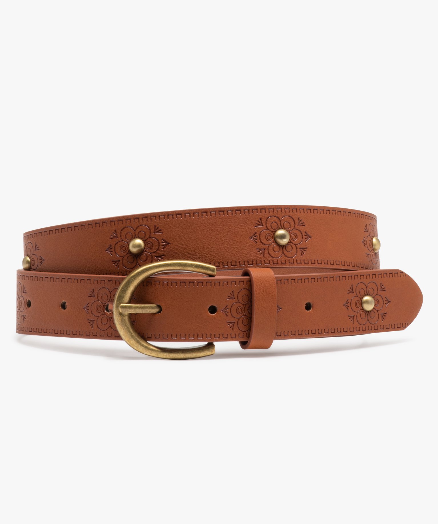 Ceinture gravée à clous métal doré femme marron | GEMO