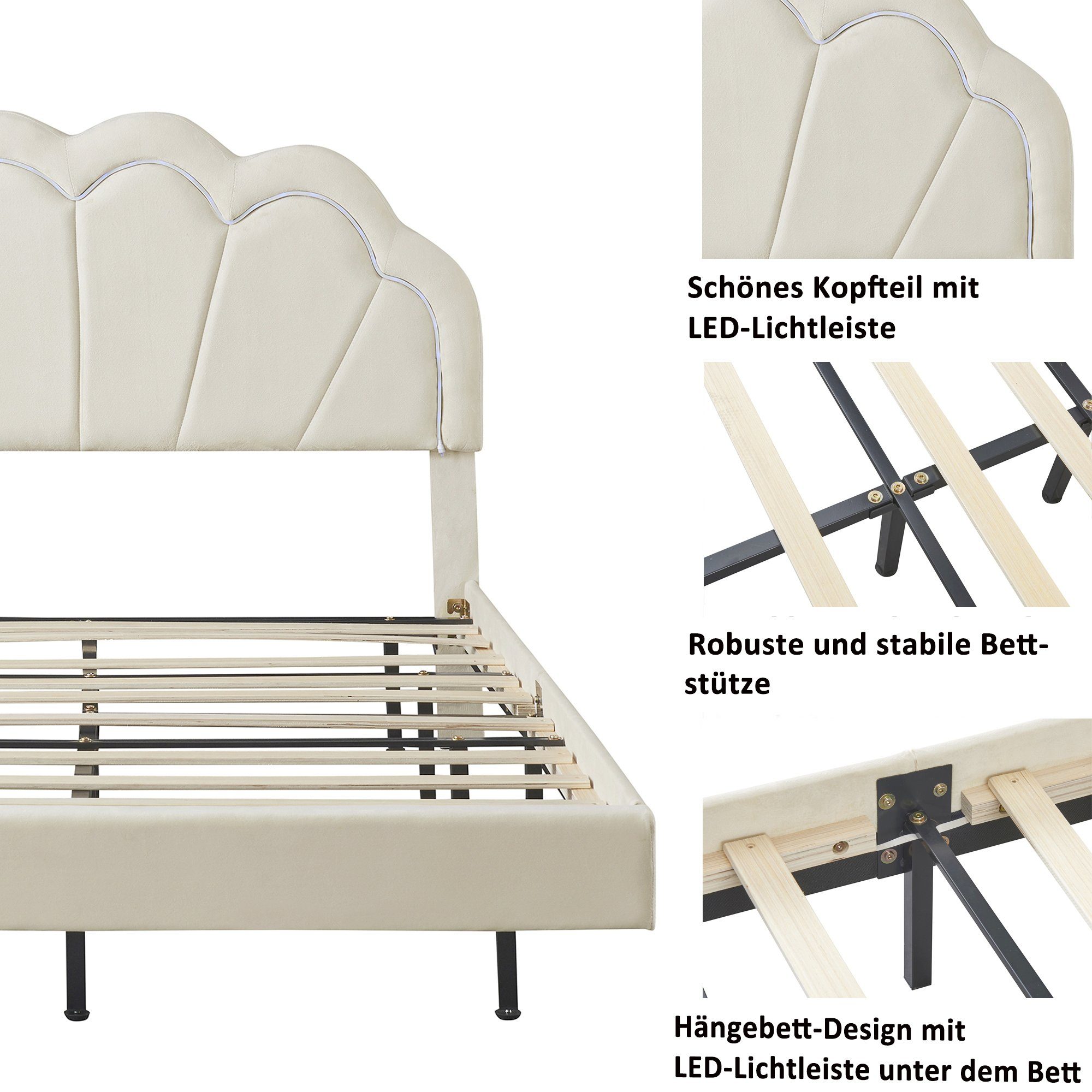 Flieks Polsterbett, LED Beleuchtung Doppelbett Schwebebett Muschel Kopfteil 140x200cm Samt