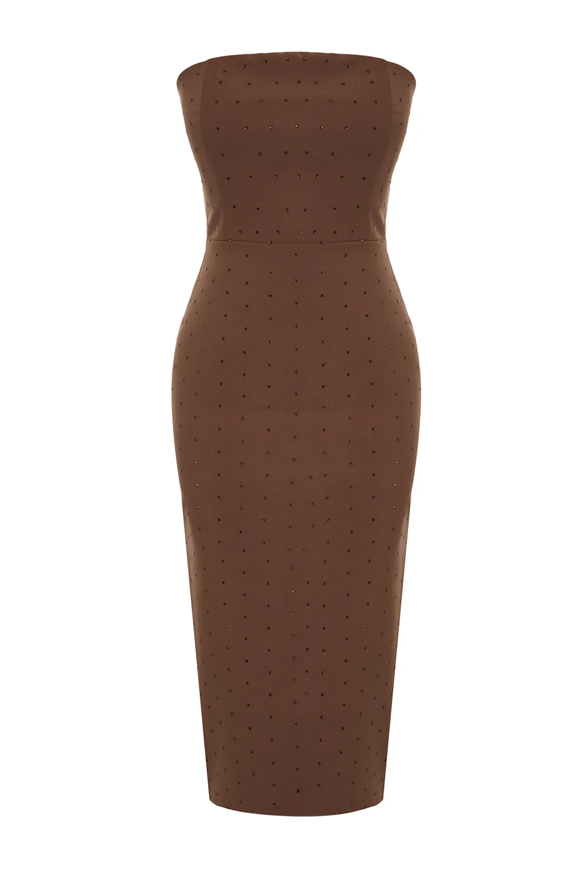 Trendyol Collection  Braunes, figurbetontes, gefüttertes, gewebtes, glänzendes Stein-Elegantes Abendkleid TPRSS23EL00476