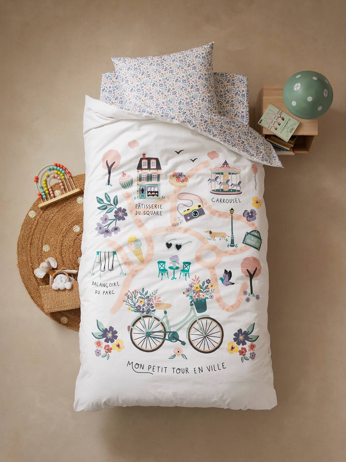 Vertbaudet Kinder Bettwäsche-Set BLUMENFAHRRAD Oeko-Tex - wollweiß/mehrfarbig
