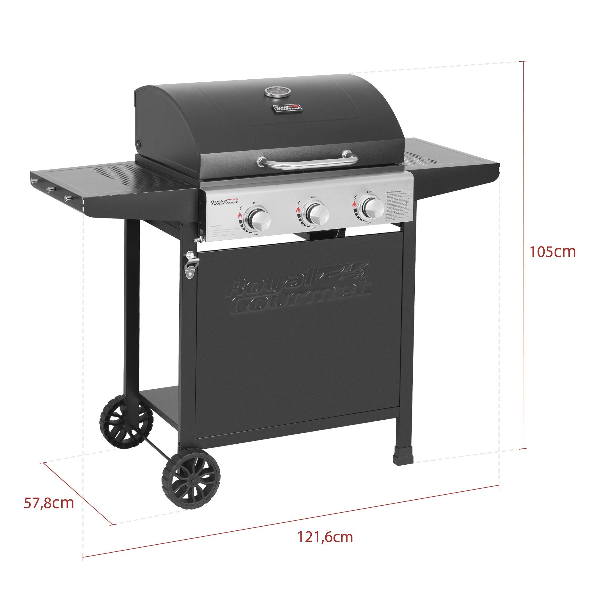 Royal Gourmet Gasgrill 3 Brenner, 9 kW Camping Gaskocher mit Kochplatte, B x T x H: 121,6 x 57,8 x 105 cm