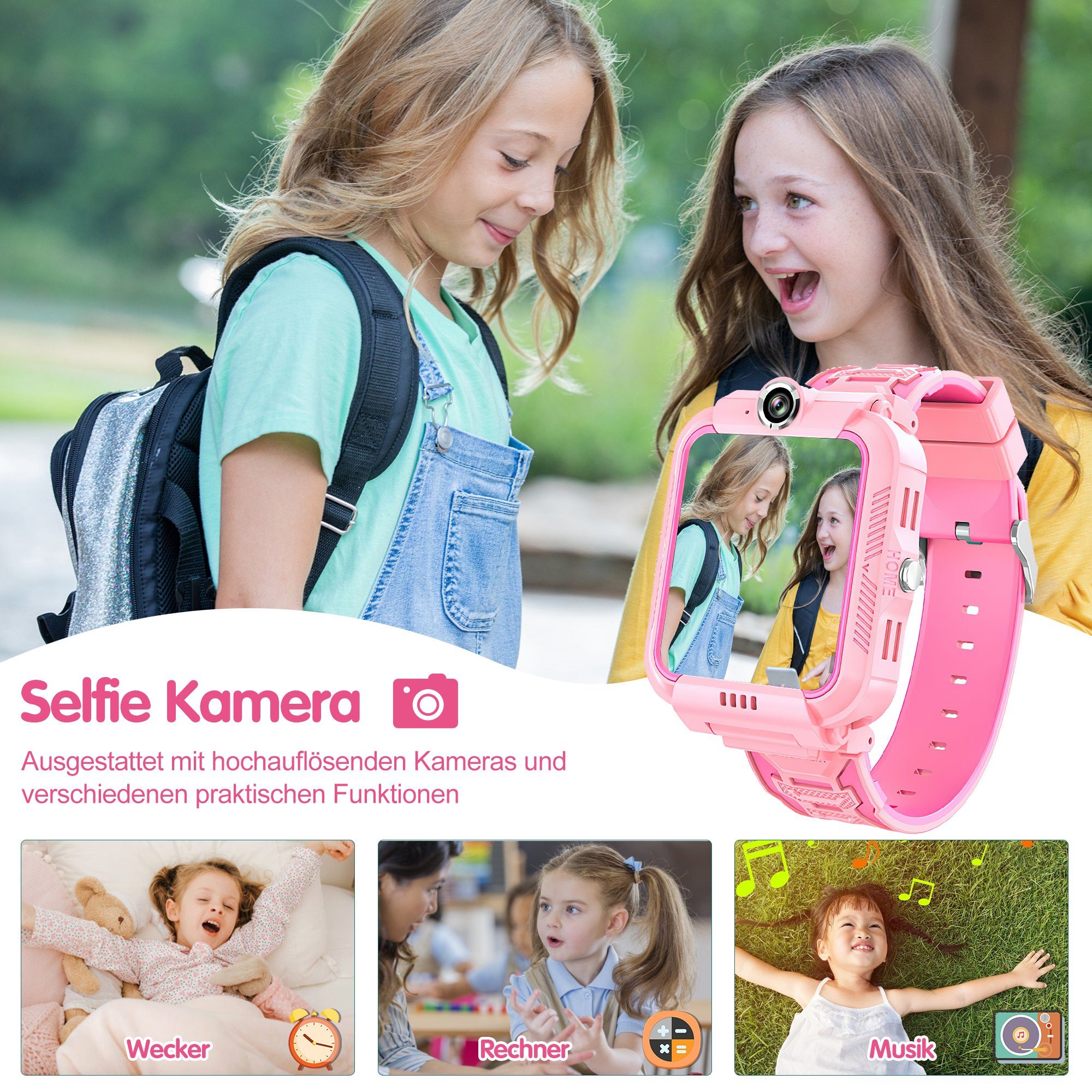 Tisoutec Kinder Smartwatch Telefon,Anrufe,Nachrichten, Smartwatch (Smartwatch (1.4 cm/ martwatch Telefon für Kinder - 4G, Kamera,telefonieren Zoll Zoll), Speicher 1+8G