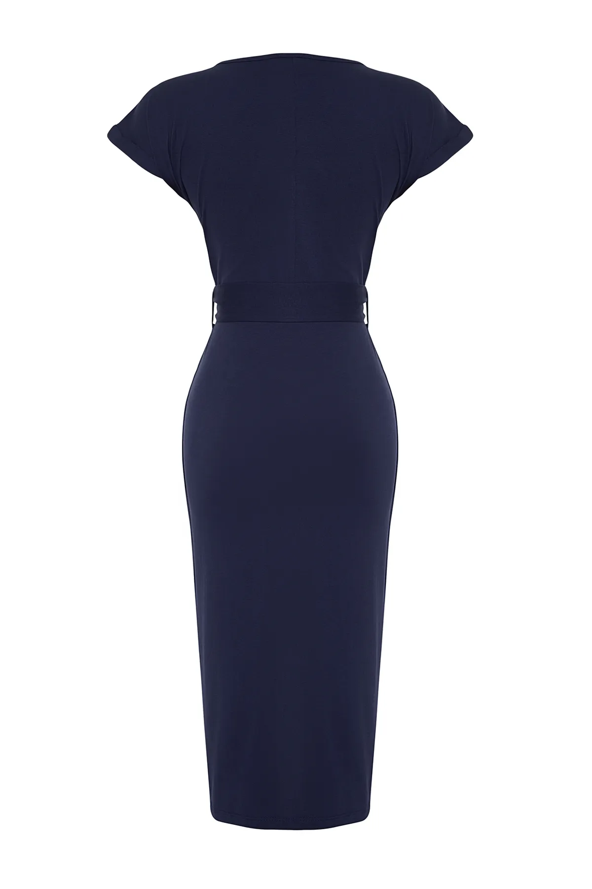 Trendyol Collection  Marineblaues, zweireihiges Midi-Strick-Maxikleid aus 100 % Baumwolle mit Gürtel und detailliertem Detail TWOSS24EL00118
